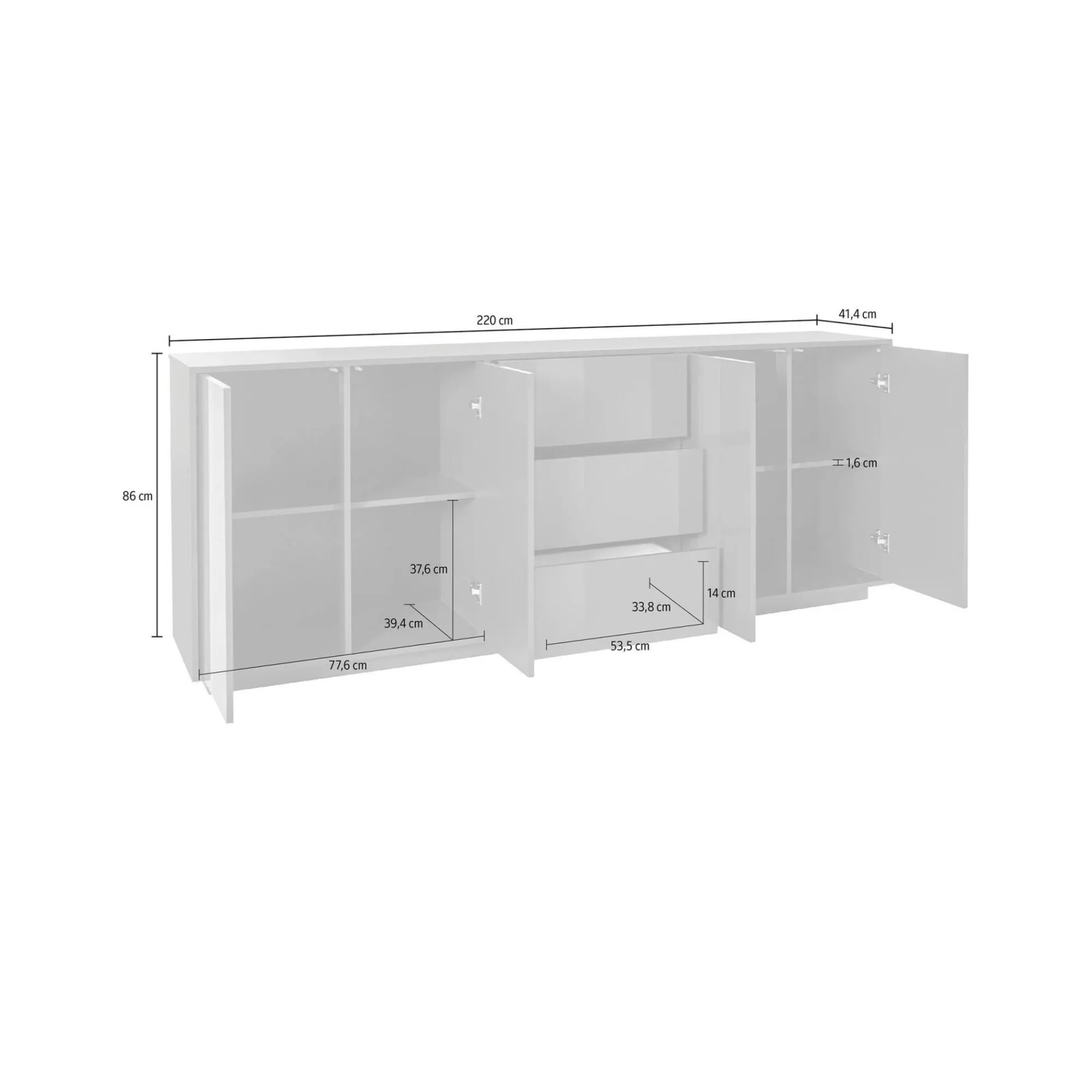 Credenza Dnast, cm 220x41h86, Bianco lucido e Noce<Dmora Hot