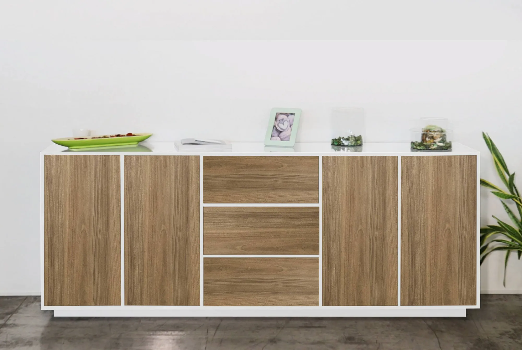 Credenza Dnast, cm 220x41h86, Bianco lucido e Noce<Dmora Hot