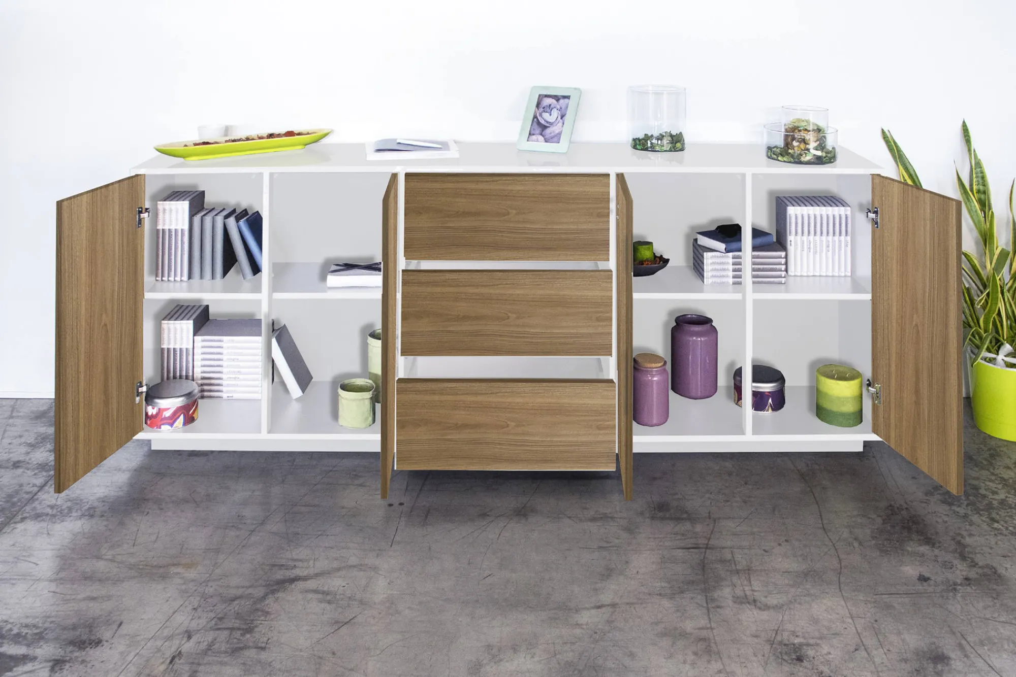 Credenza Dnast, cm 220x41h86, Bianco lucido e Noce<Dmora Hot