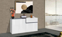 Credenza Dnebol, cm 160x40h80, Bianco lucido e Ardesia<Dmora Best