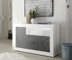 Credenza Dolphin, 138x42 h86 cm, Bianco lucido e Ardesia<Dmora Fashion