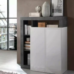 Credenza Dsmar, 108x42 h127 cm, Bianco lucido e Ardesia<Dmora Sale