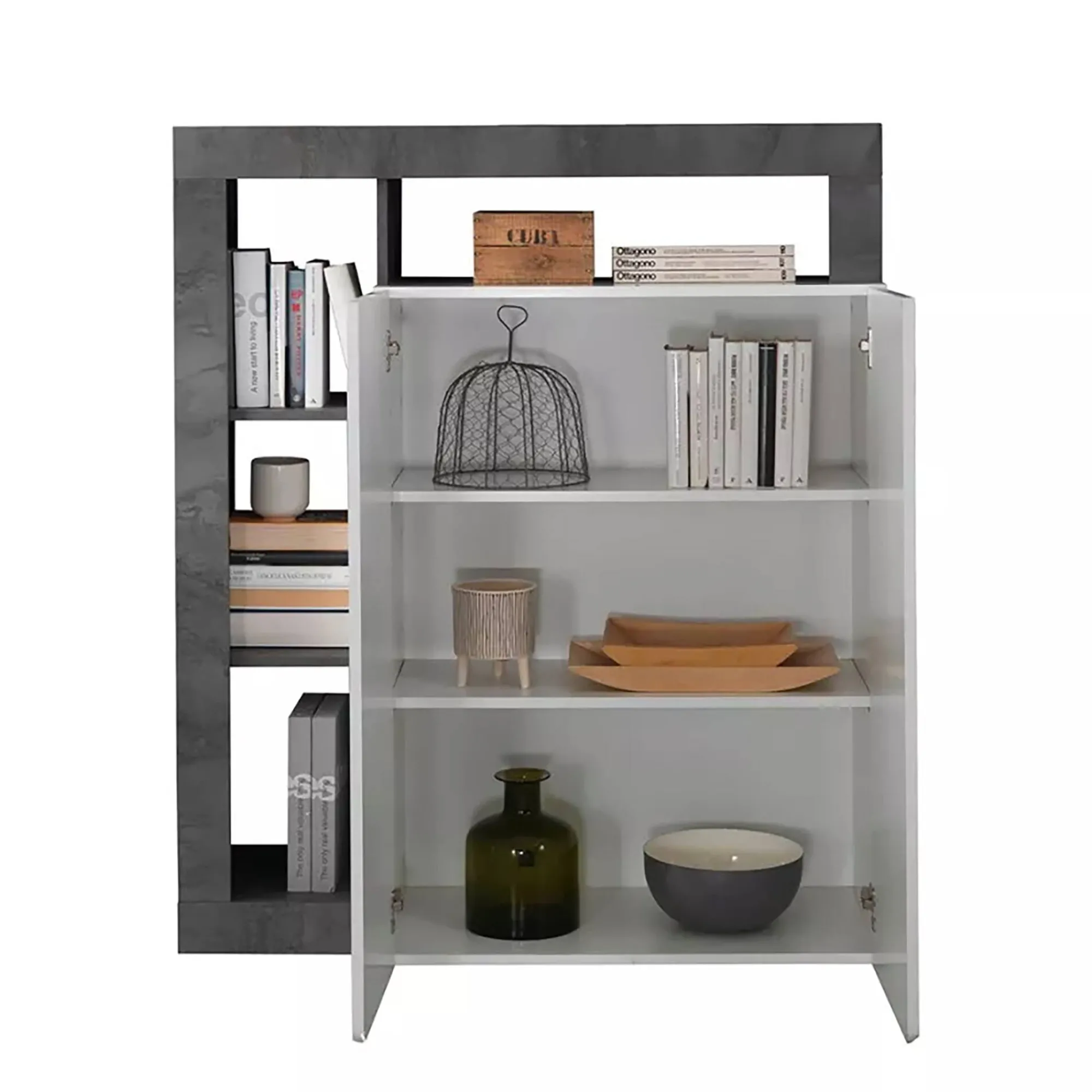 Credenza Dsmar, 108x42 h127 cm, Bianco lucido e Ardesia<Dmora Sale