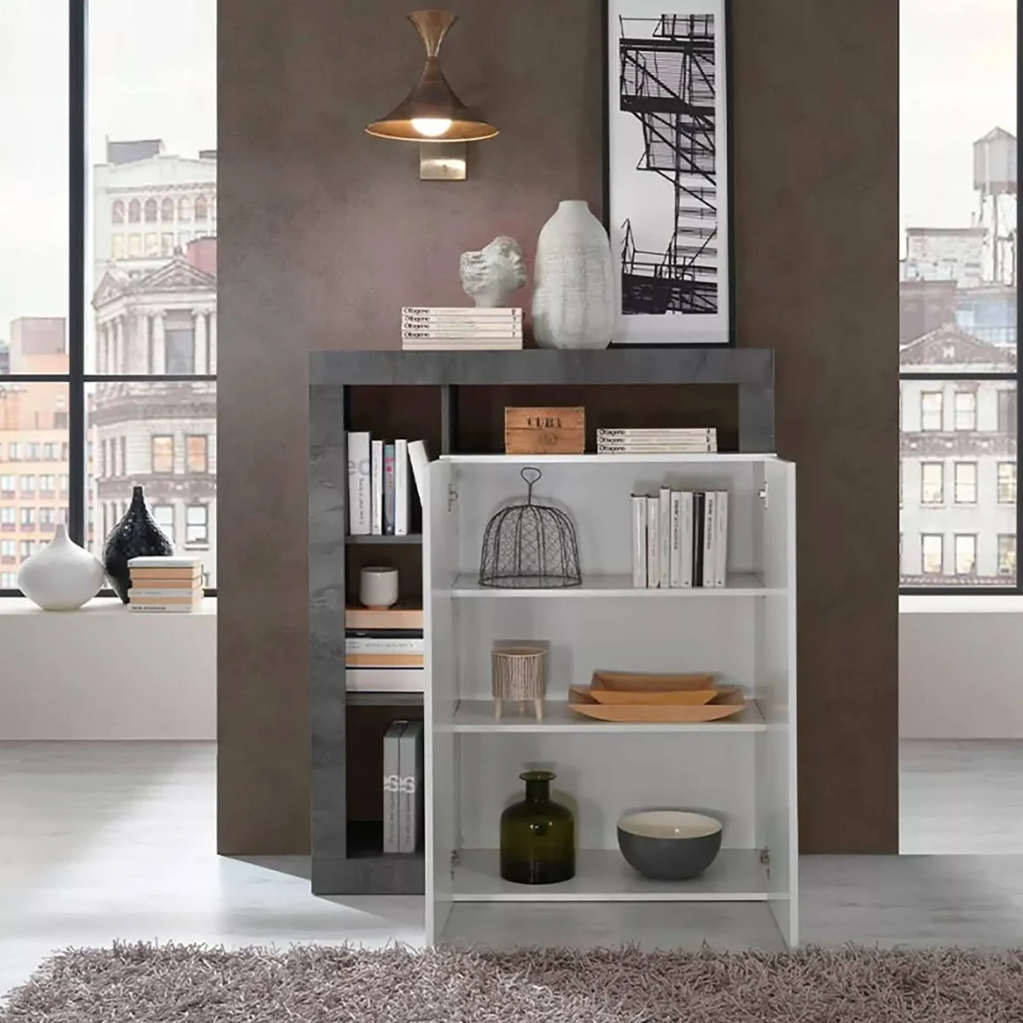 Credenza Dsmar, 108x42 h127 cm, Bianco lucido e Ardesia<Dmora Sale