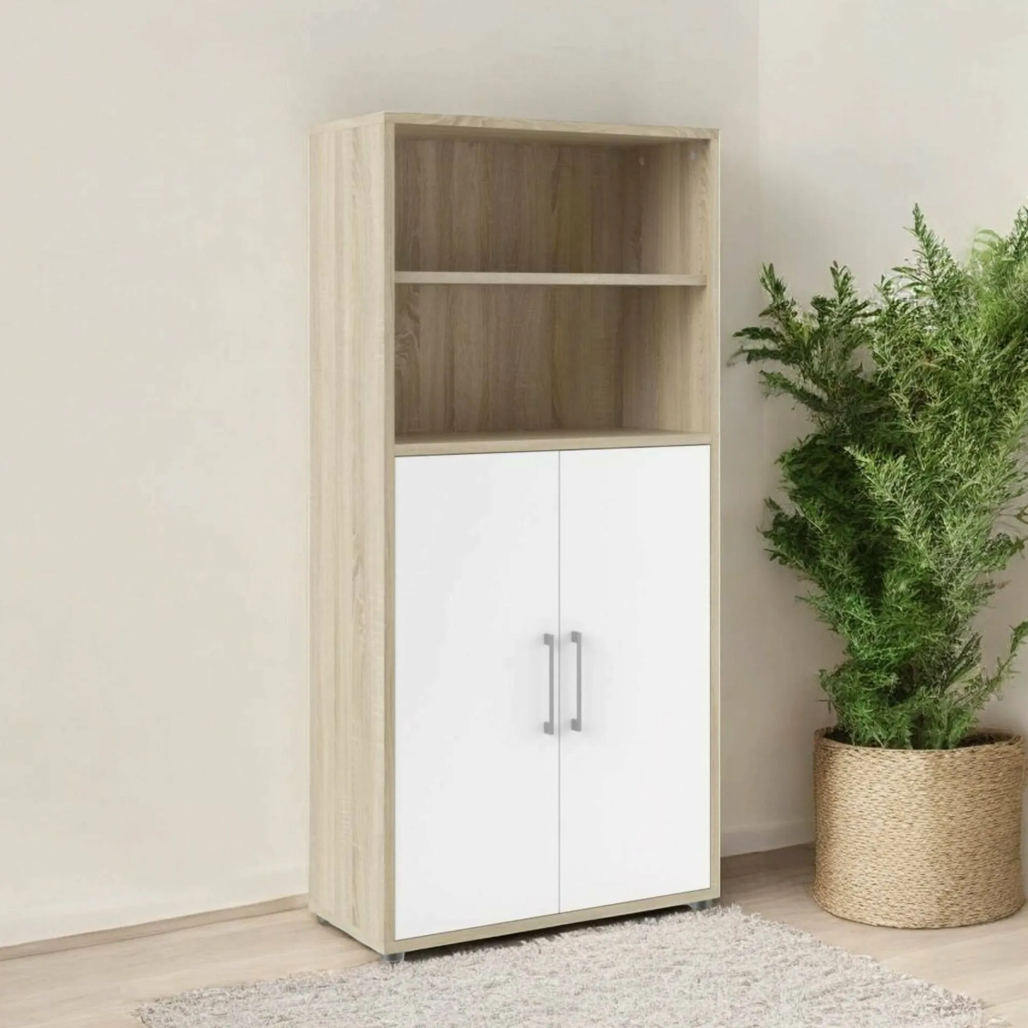 Credenza Dsvobod, 89x40 h186 cm, Quercia e Bianco<Dmora Best Sale