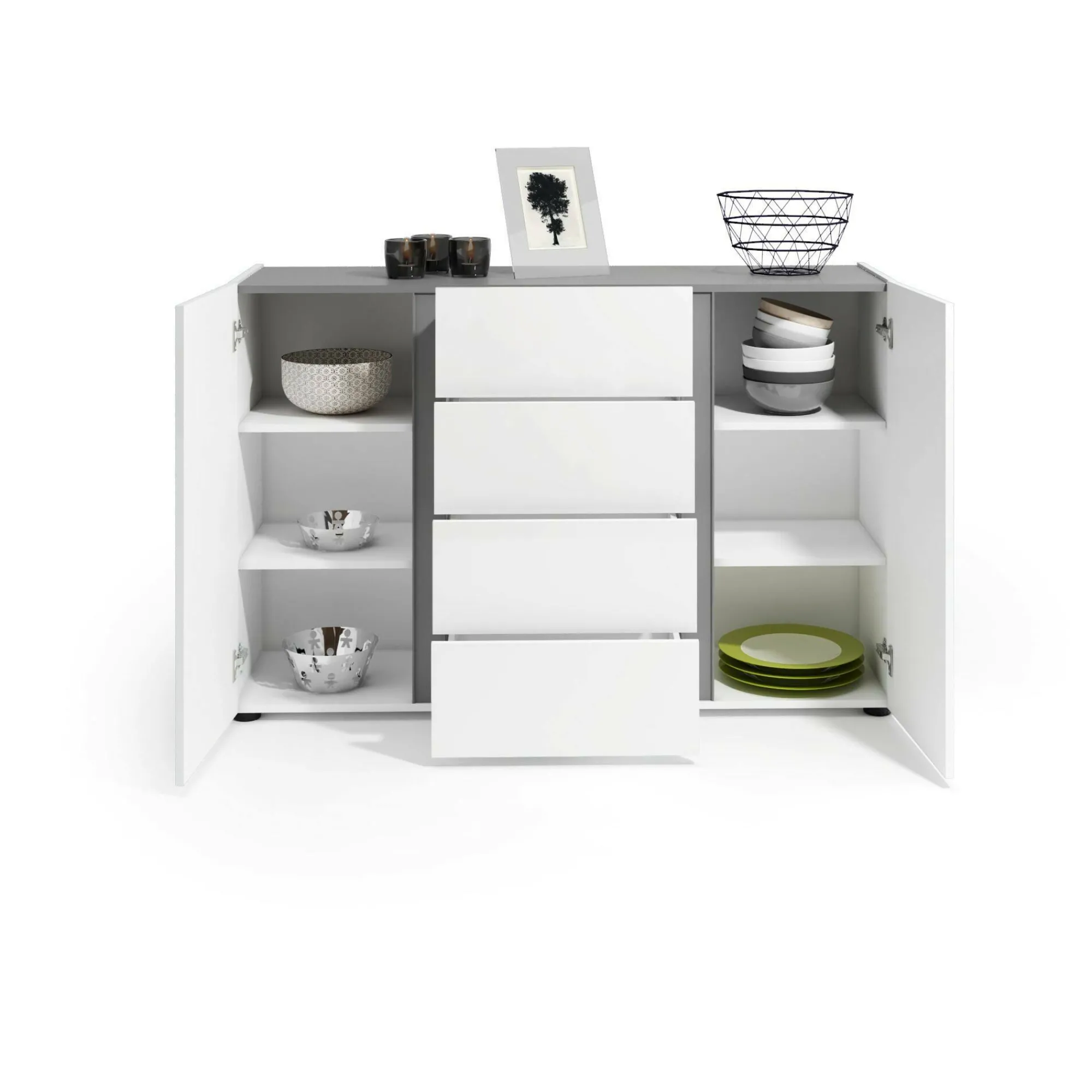 Credenza Ernesta, 140x38h92 cm, Bianco lucido e Antracite<Dmora Discount