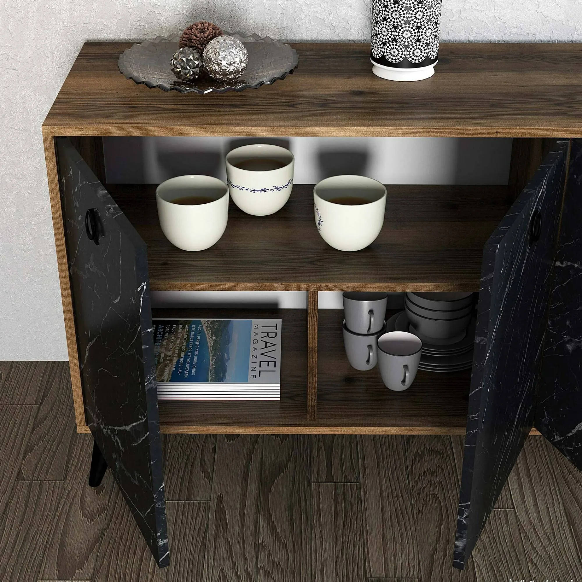 Credenza Ernie, 180x45 h80 cm, Noce e Grigio<Dmora Discount