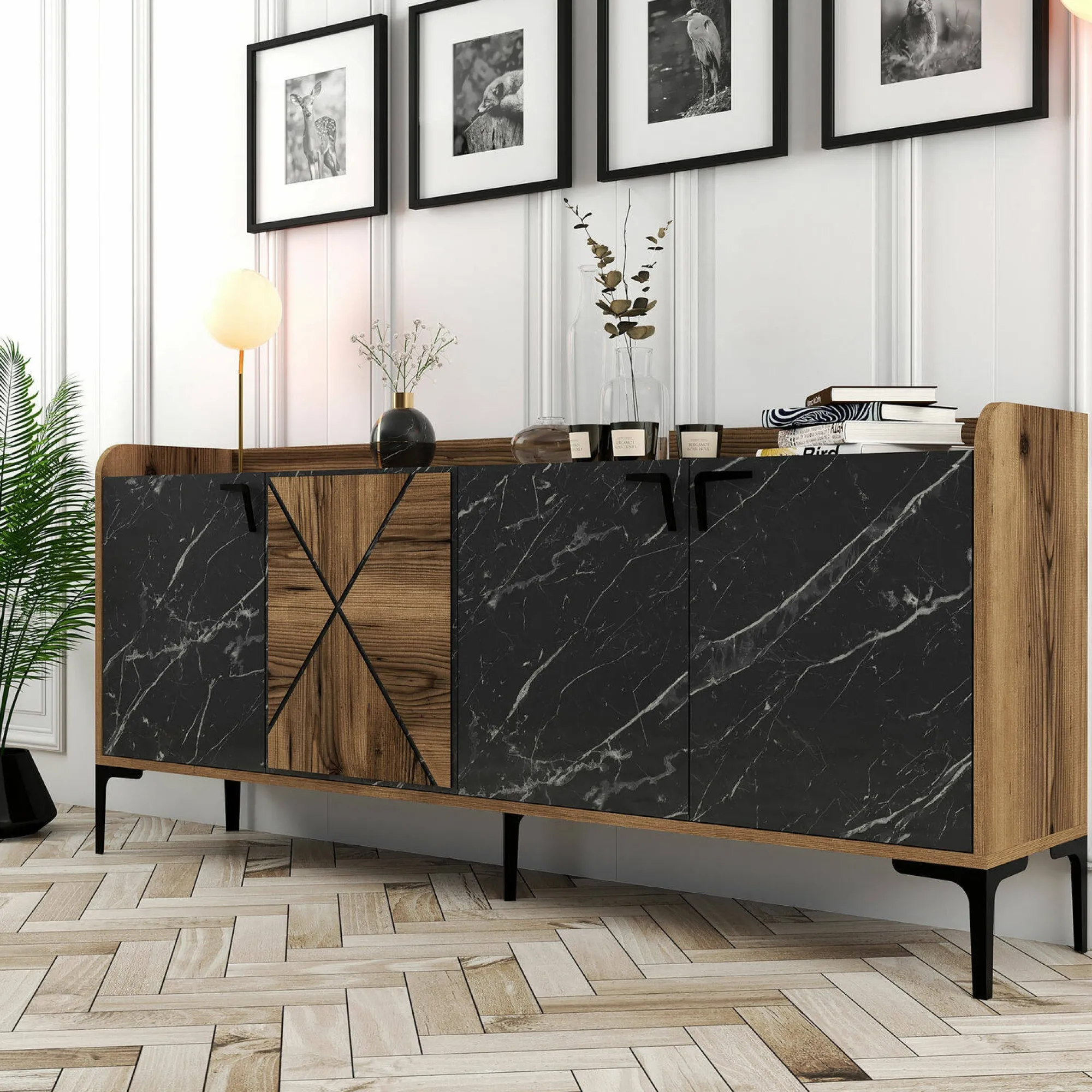 Credenza Fay, 180x35 h79 cm, Noce e Nero<Dmora Hot