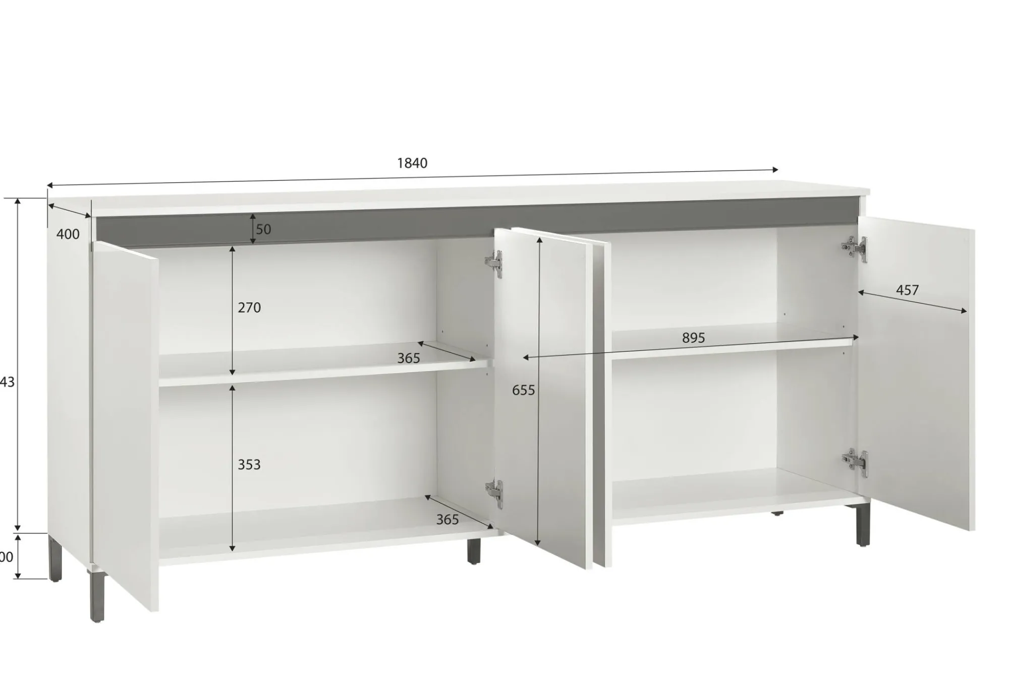 Credenza Filomena, 184x40h90 cm, Bianco lucido e Antracite<Dmora Clearance