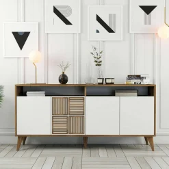 Credenza Garigliano, 160x35h79 cm, Noce e Bianco<Dmora Online