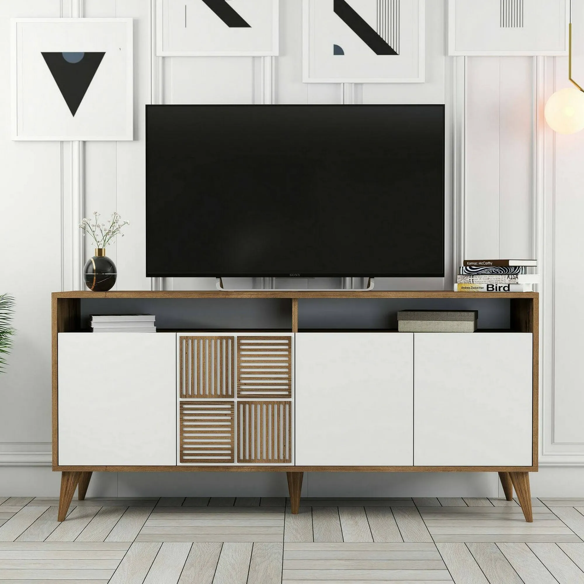 Credenza Garigliano, 160x35h79 cm, Noce e Bianco<Dmora Online