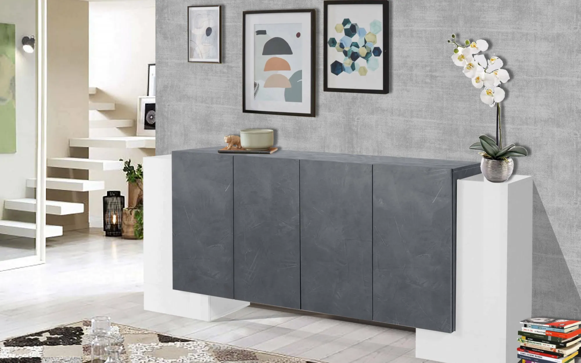 Credenza Hades, cm 210x45h85, Bianco lucido e Ardesia<Dmora Online
