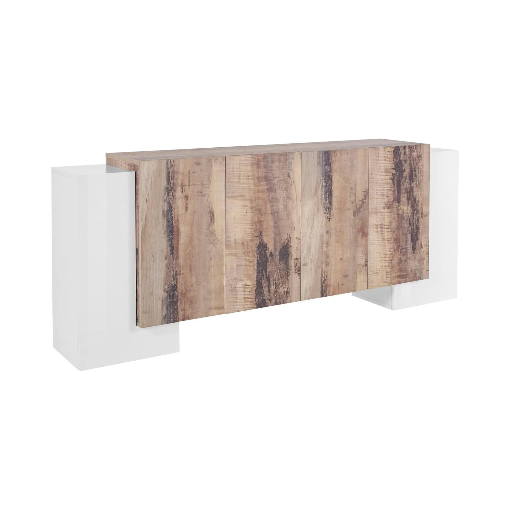 Credenza Hades, cm 210x45h85, Bianco lucido e Acero<Dmora Discount