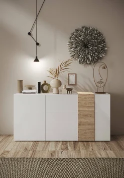 Credenza Jerry, 181x44 h86 cm, Rovere Nodi e Bianco lucido<Dmora New