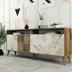 Credenza Jole, 180x35h79 cm, Noce e Bianco Marmo<Dmora Best