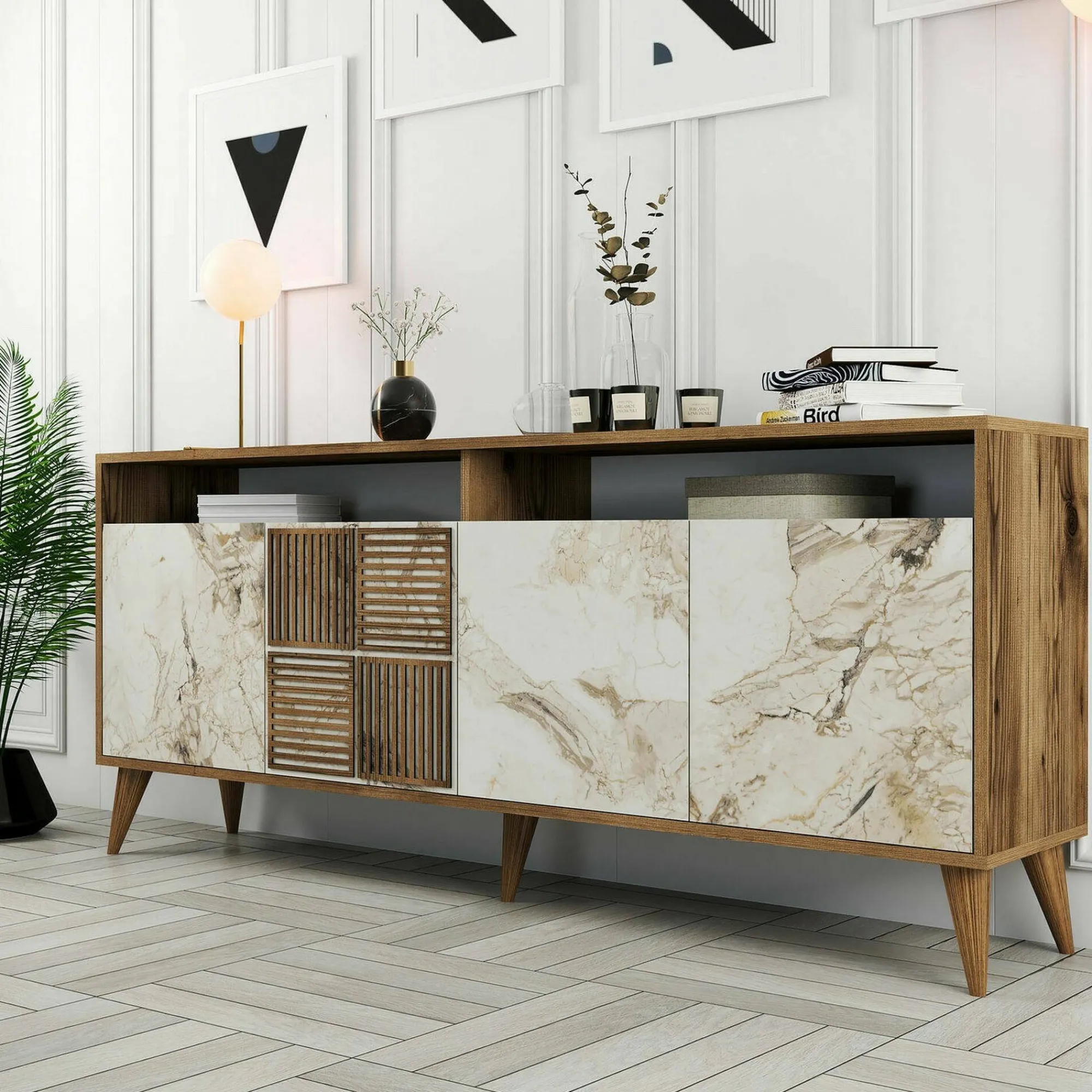 Credenza Jole, 180x35h79 cm, Noce e Bianco Marmo<Dmora Best