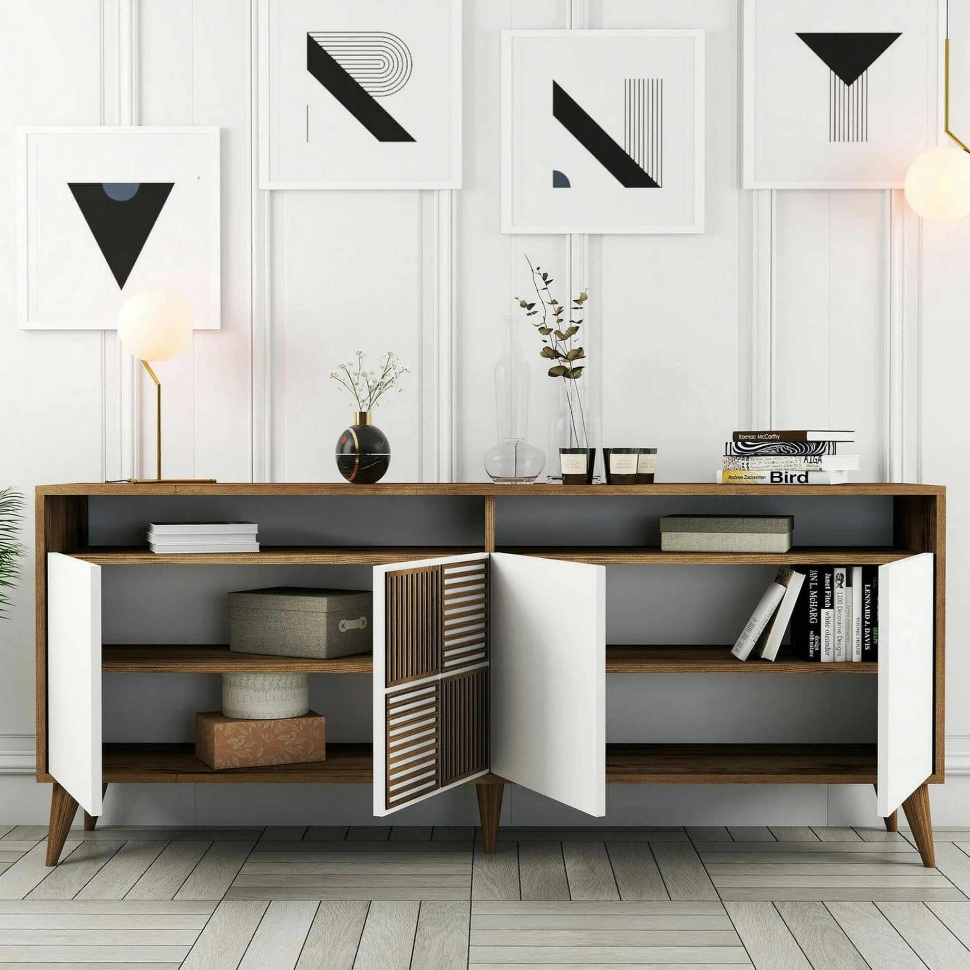 Credenza Jole, 180x35h79 cm, Noce e Bianco<Dmora Cheap