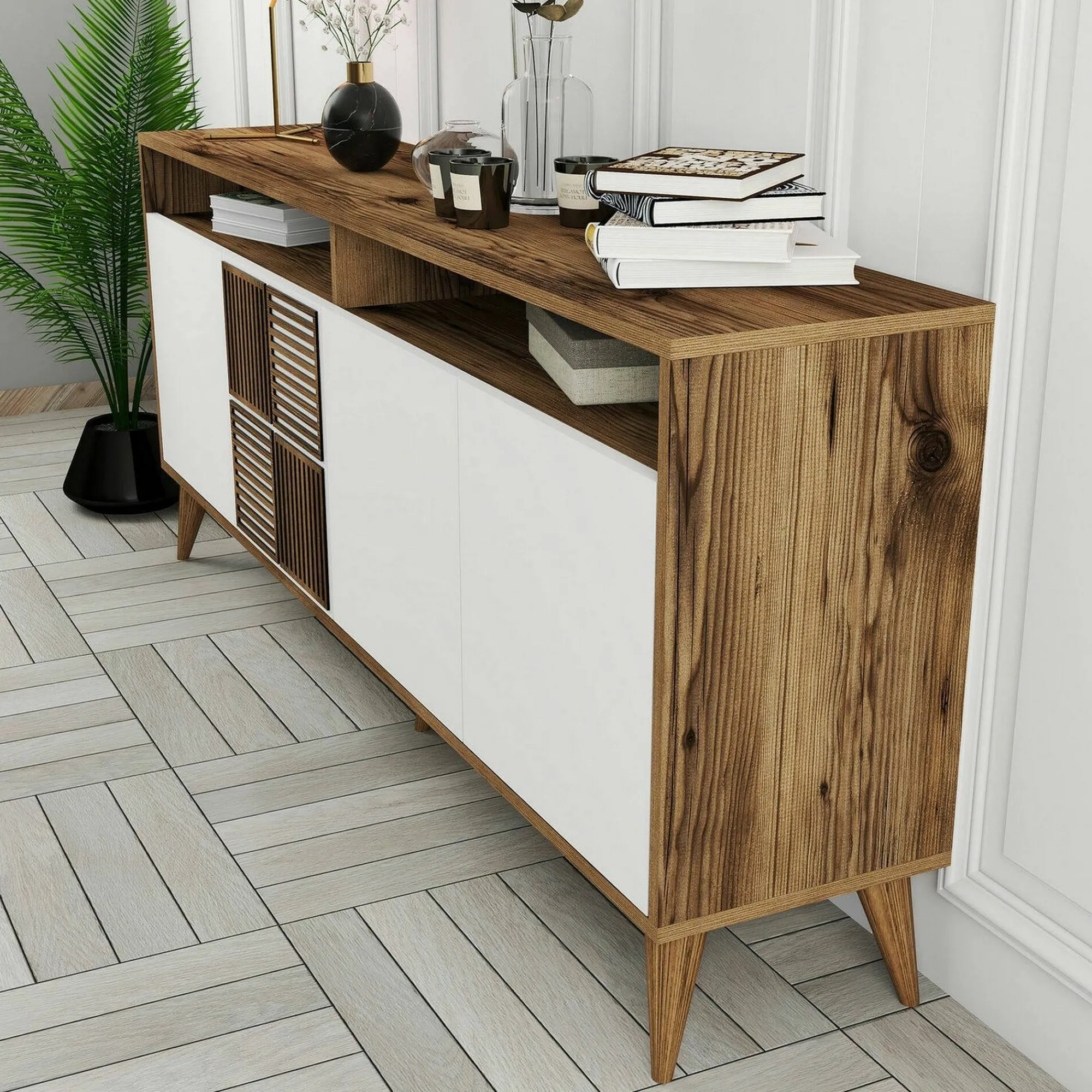 Credenza Jole, 180x35h79 cm, Noce e Bianco<Dmora Cheap