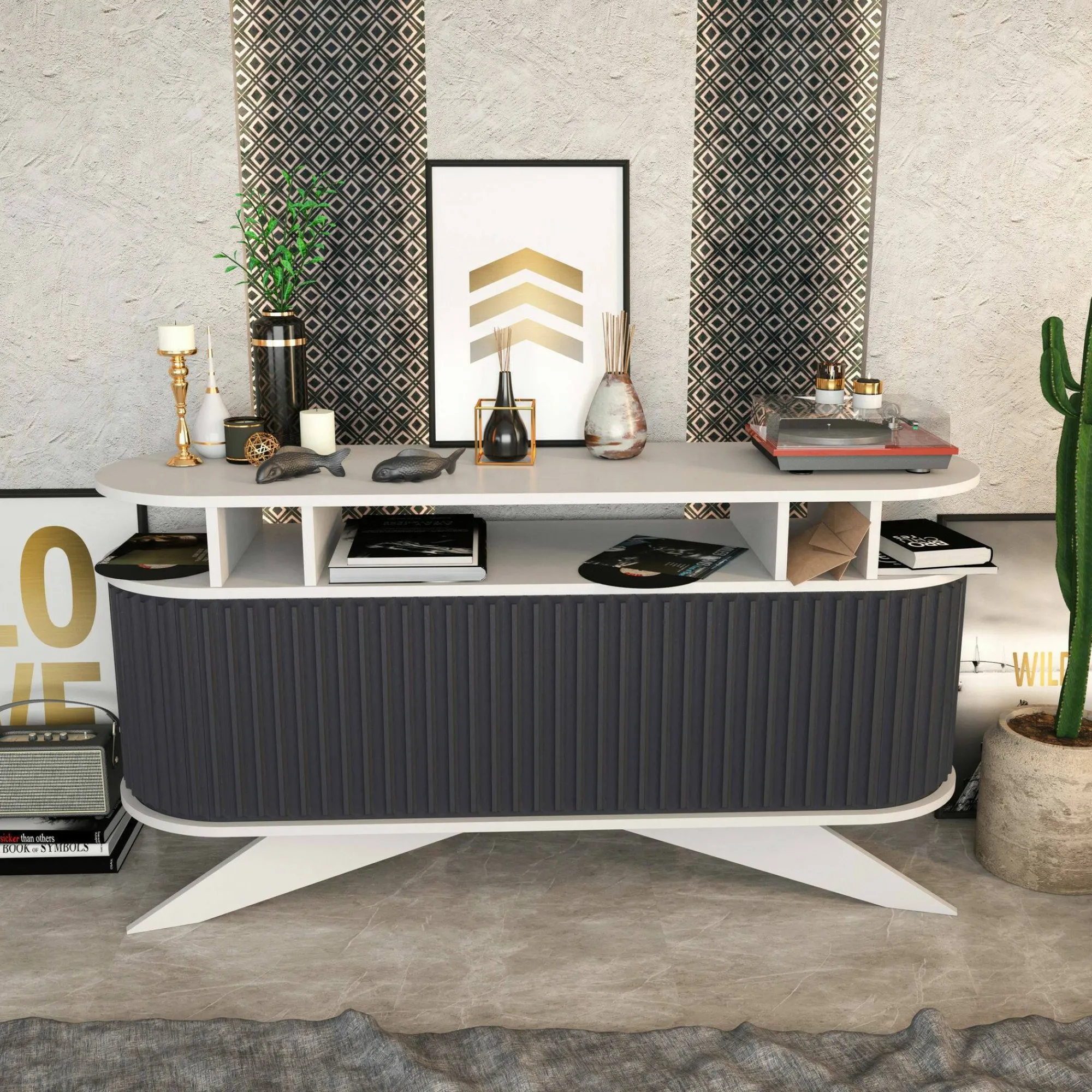 Credenza Joy, 150x43h75 cm, Bianco e Antracite<Dmora Hot