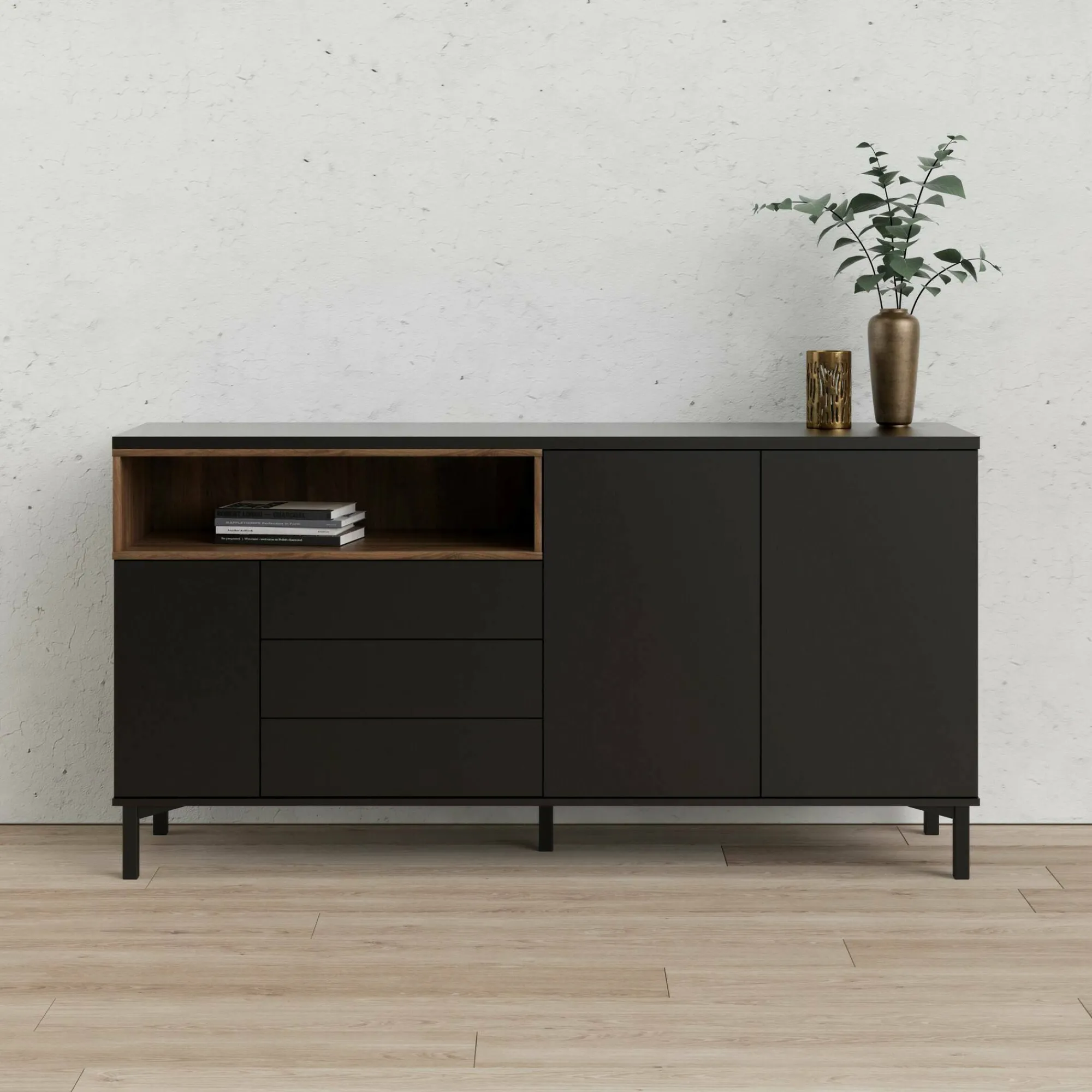 Credenza Julie, 48x176 h90 cm, Nero e Noce<Dmora Hot