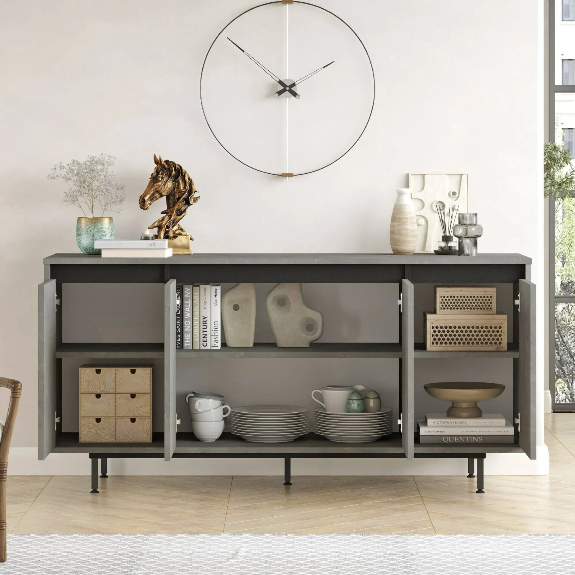 Credenza Kay, 160x45 h76 cm, Grigio e Nero<Dmora Best Sale