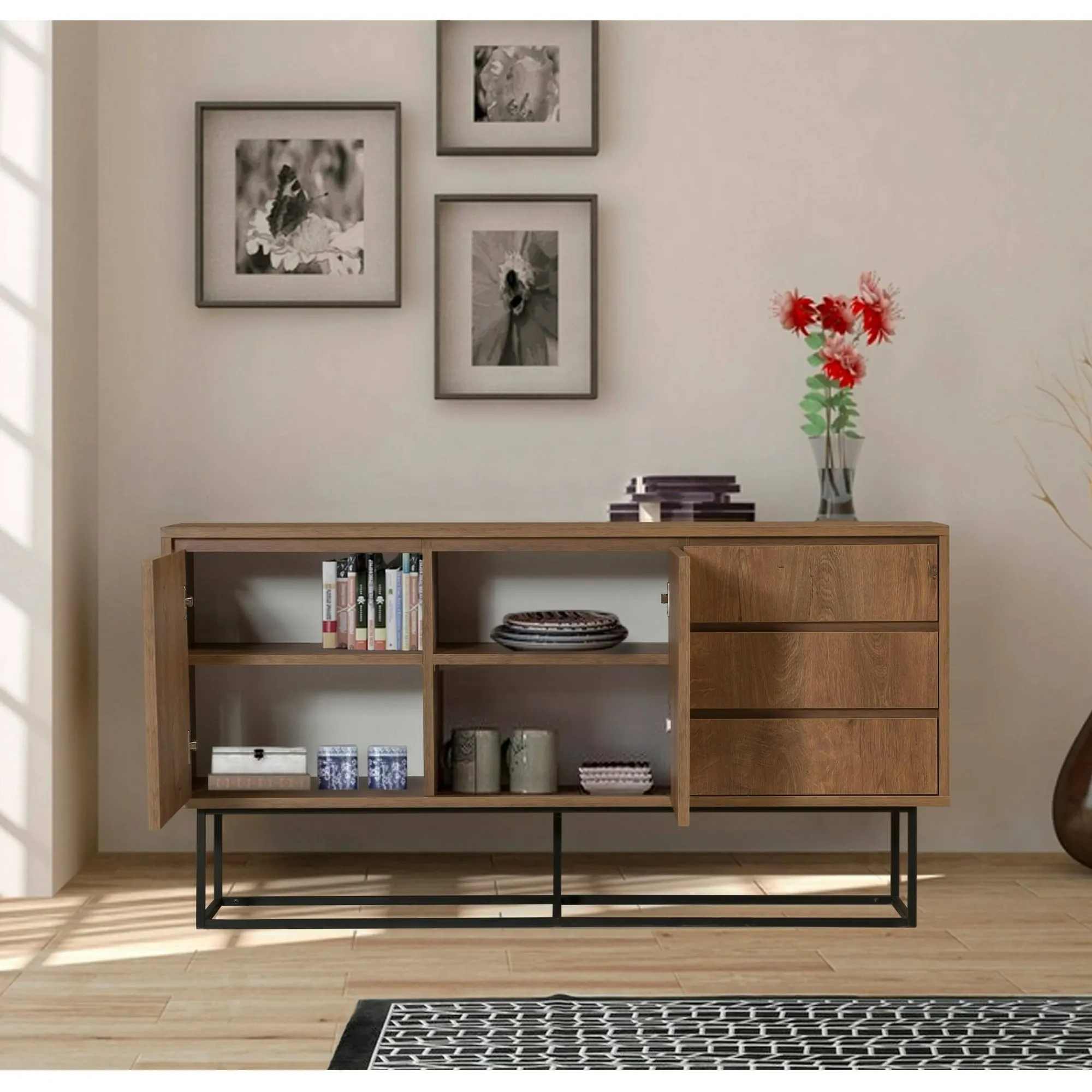Credenza Kuwait, 140x36h72 cm, Noce e Nero<Dmora Best Sale