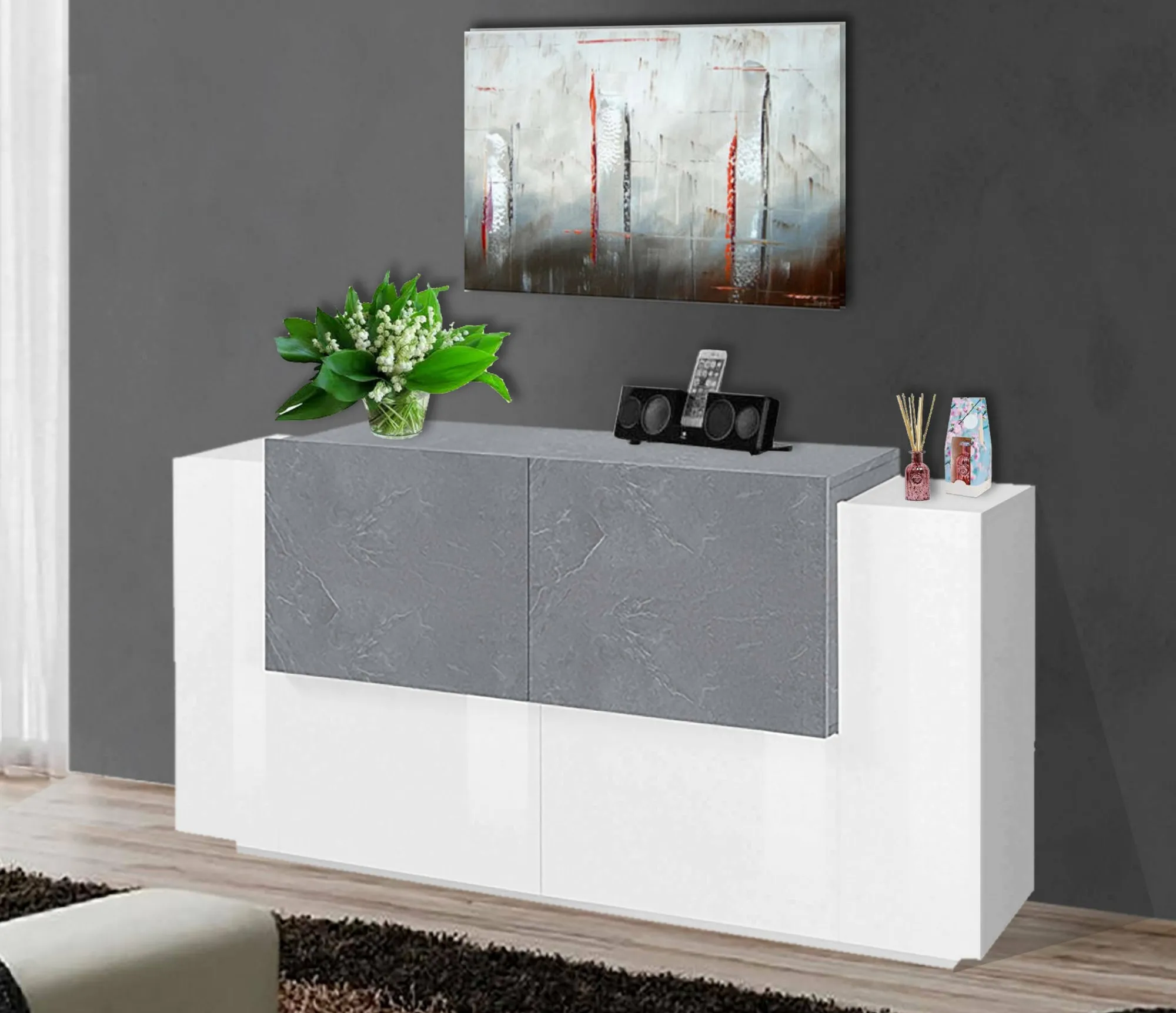 Credenza Muscari, cm 160x45h86, Bianco lucido e Cemento<Dmora Cheap