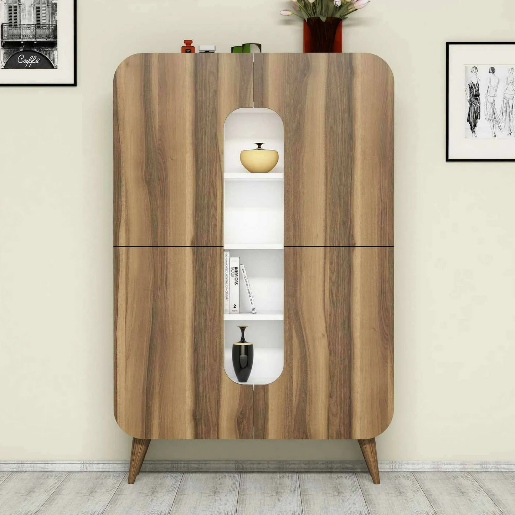 Credenza Novella, 93x32h144 cm, Noce e Bianco<Dmora Clearance
