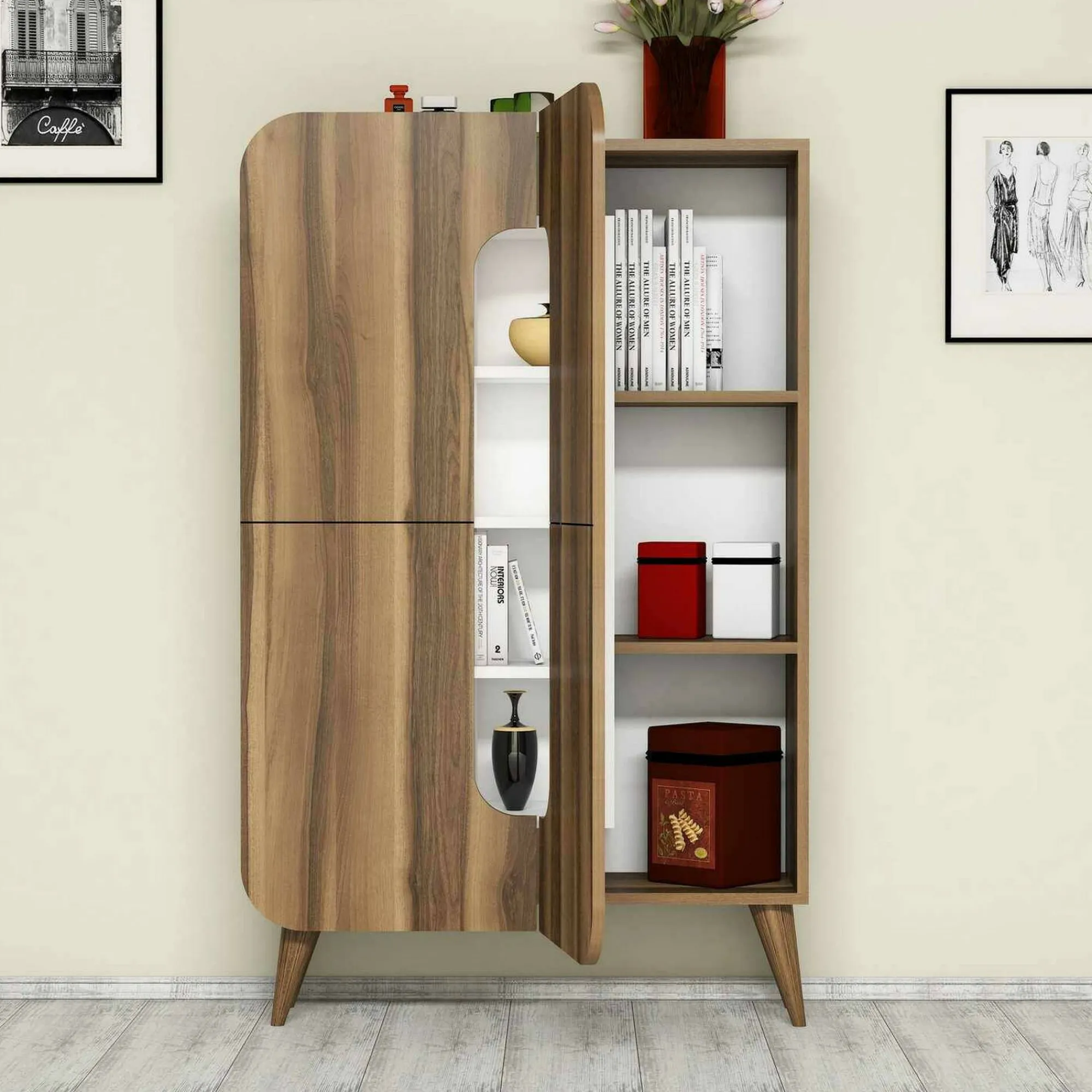 Credenza Novella, 93x32h144 cm, Noce e Bianco<Dmora Clearance