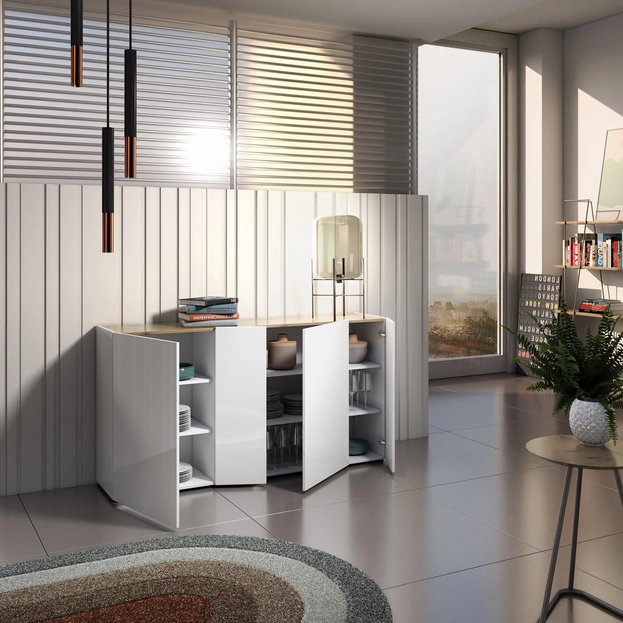 Credenza Talassa, 174x40h92 cm, Bianco lucido e Rovere<Dmora Discount