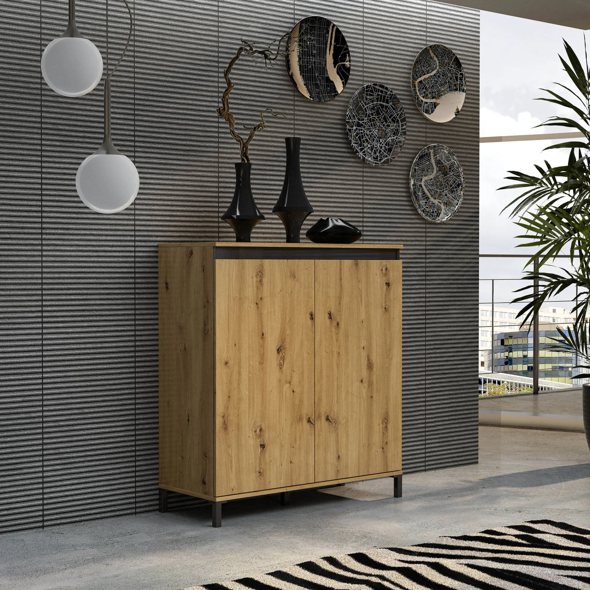 Credenza Tokyo, 100x40h110 cm, Bianco lucido e Antracite<Dmora Shop