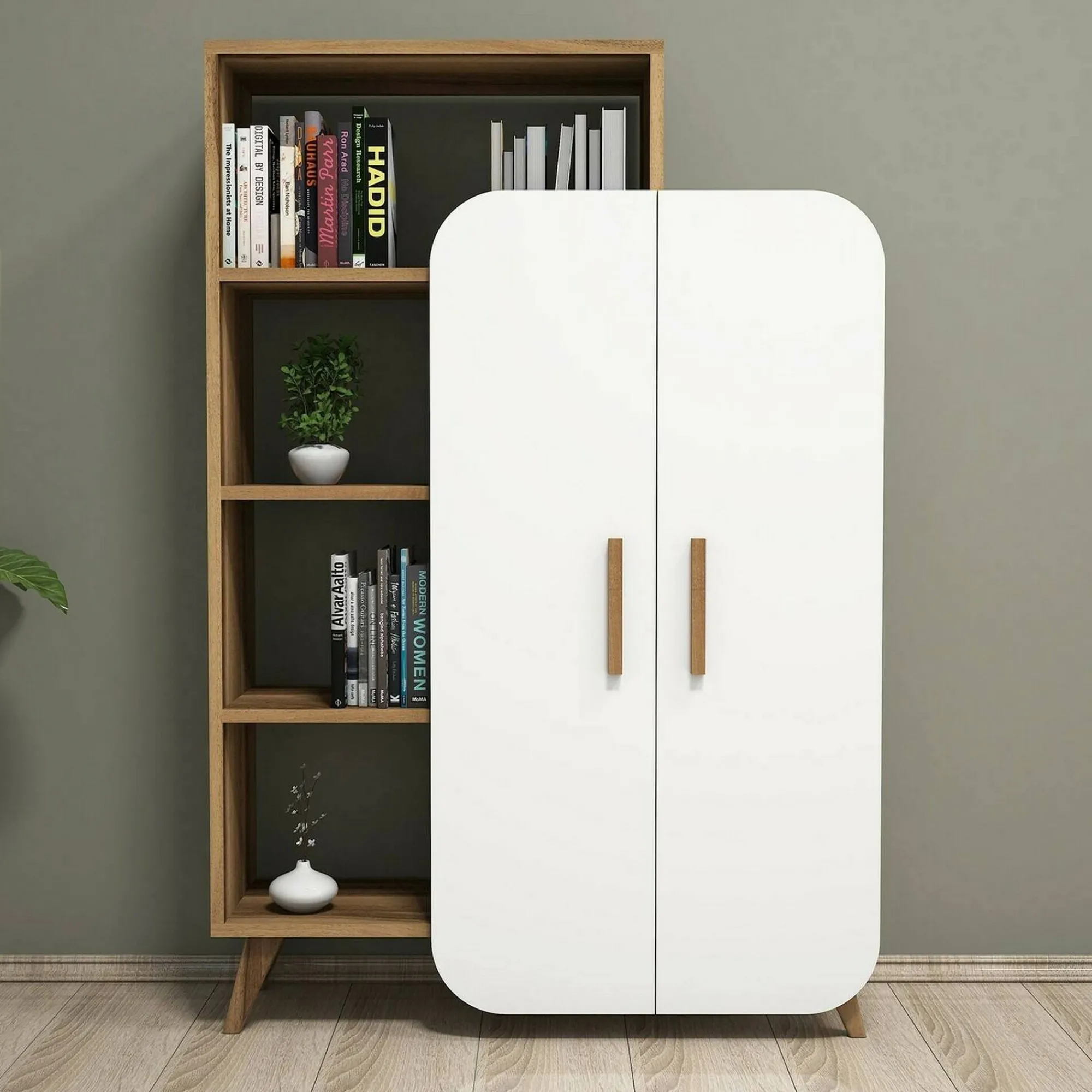 Credenza Tormalina, 90x32h132 cm, Noce e Bianco<Dmora Fashion