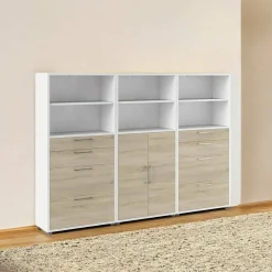 Credenza Vinovo, 267x40 h186 cm, Bianco e Quercia<Dmora Online