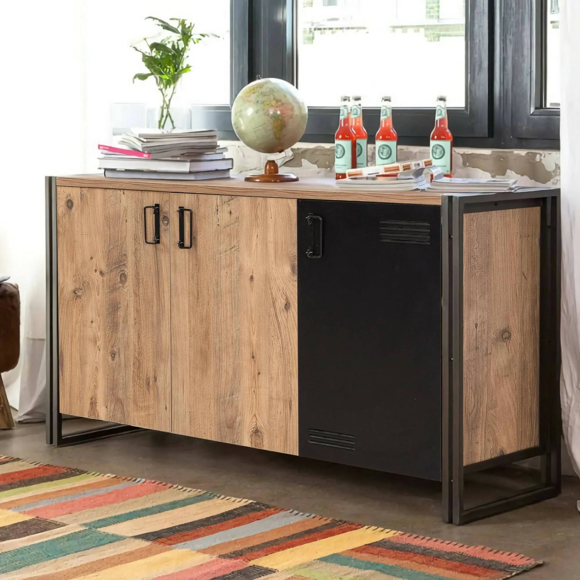 Credenza Yvonne, 140x45h80 cm, Quercia e Nero<Dmora New