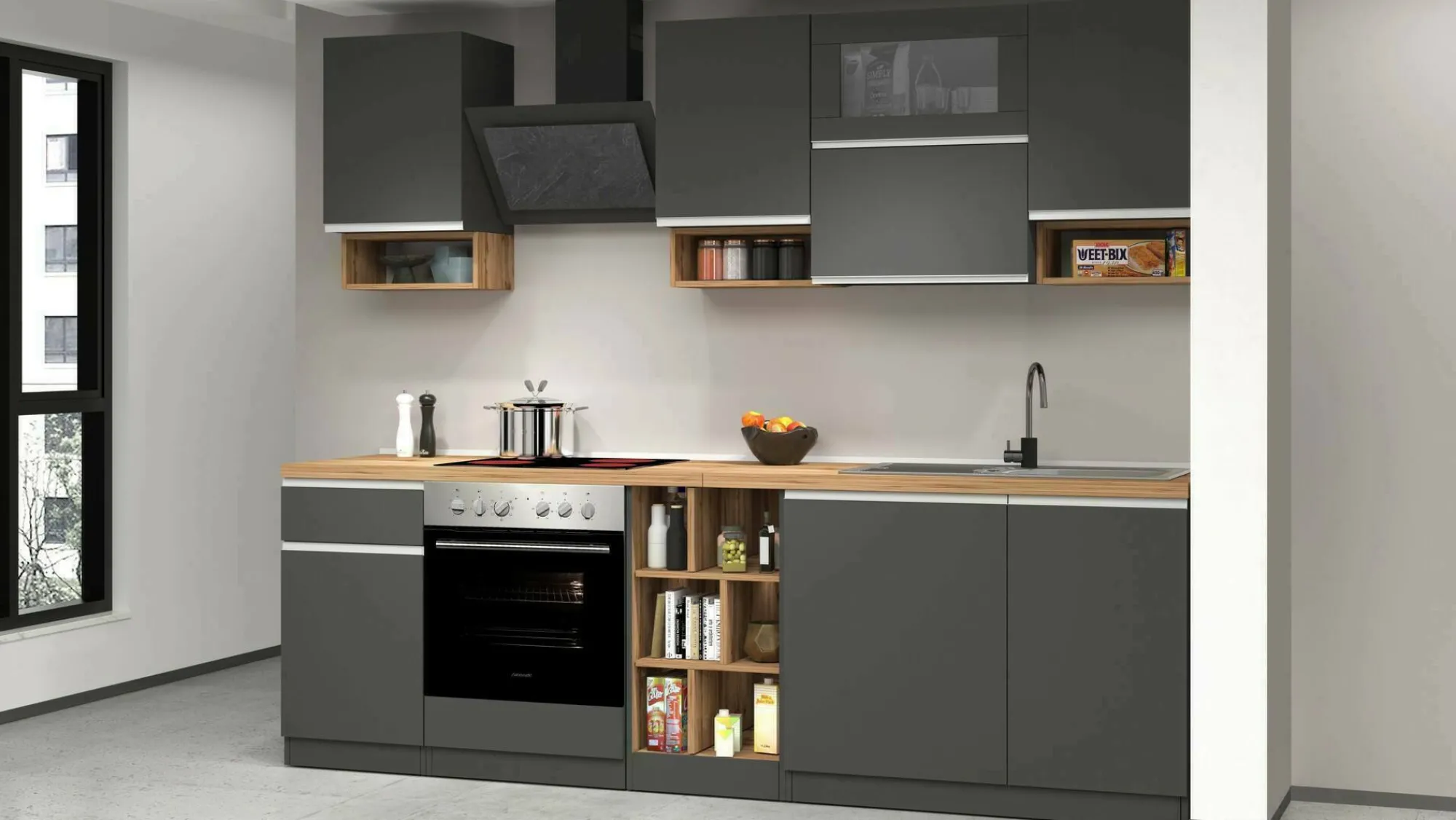 Cucina completa Attiko, 255x60h85 cm, Antracite e Rovere<Dmora Online