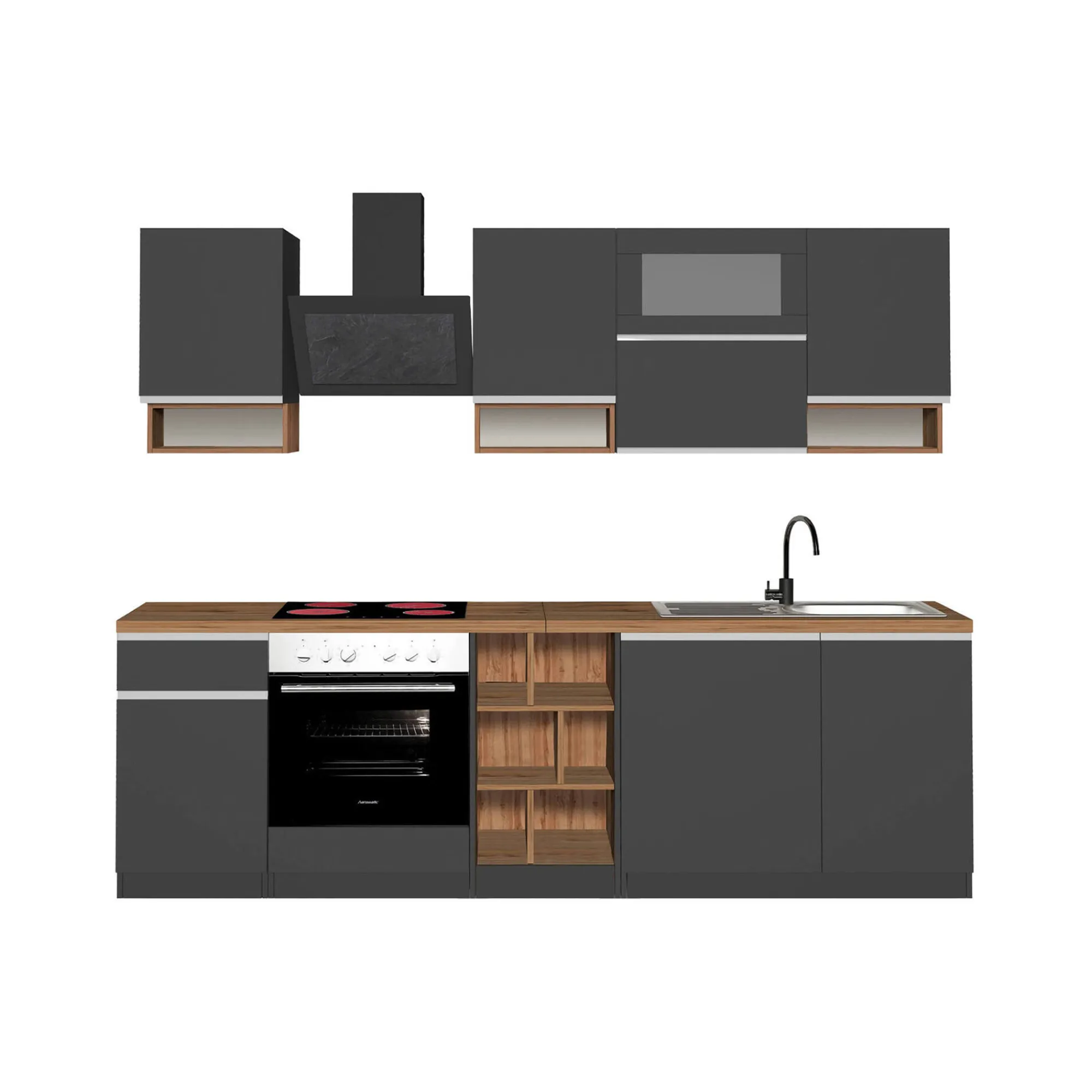 Cucina completa Attiko, 255x60h85 cm, Antracite e Rovere<Dmora Online