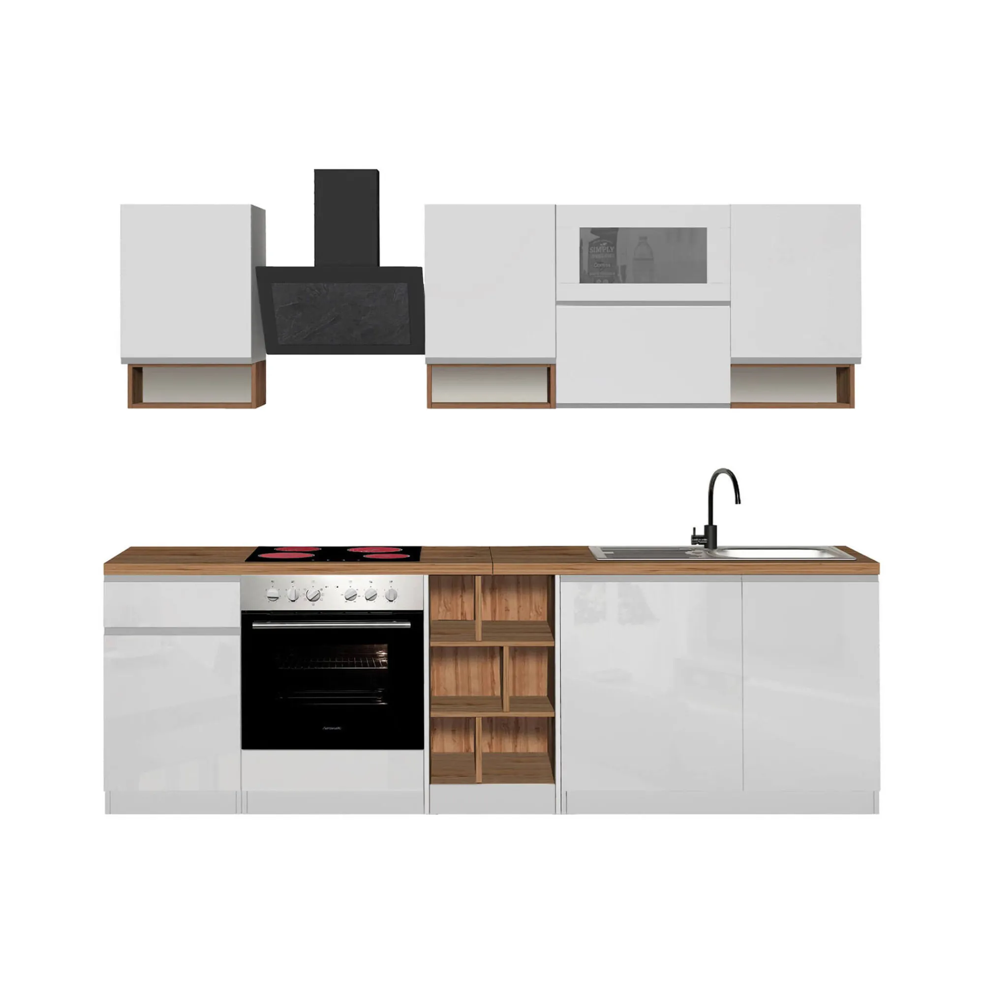 Cucina completa Attiko, 255x60h85 cm, Bianco lucido e Rovere<Dmora Cheap
