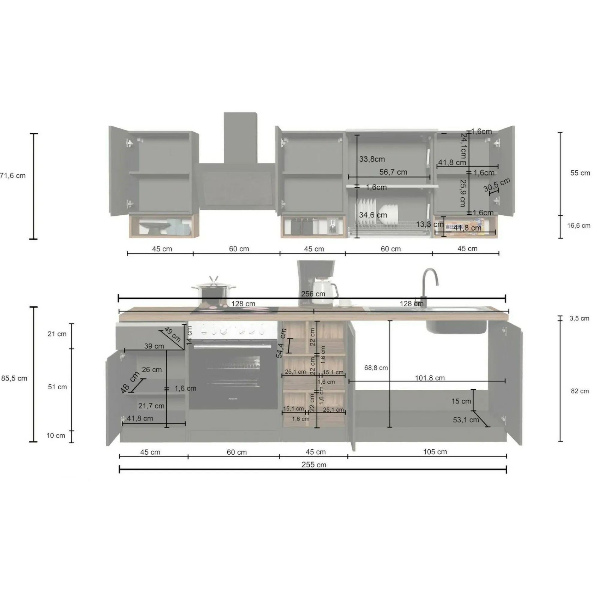 Cucina completa Attiko, 255x60h85 cm, Antracite e Rovere<Dmora Online