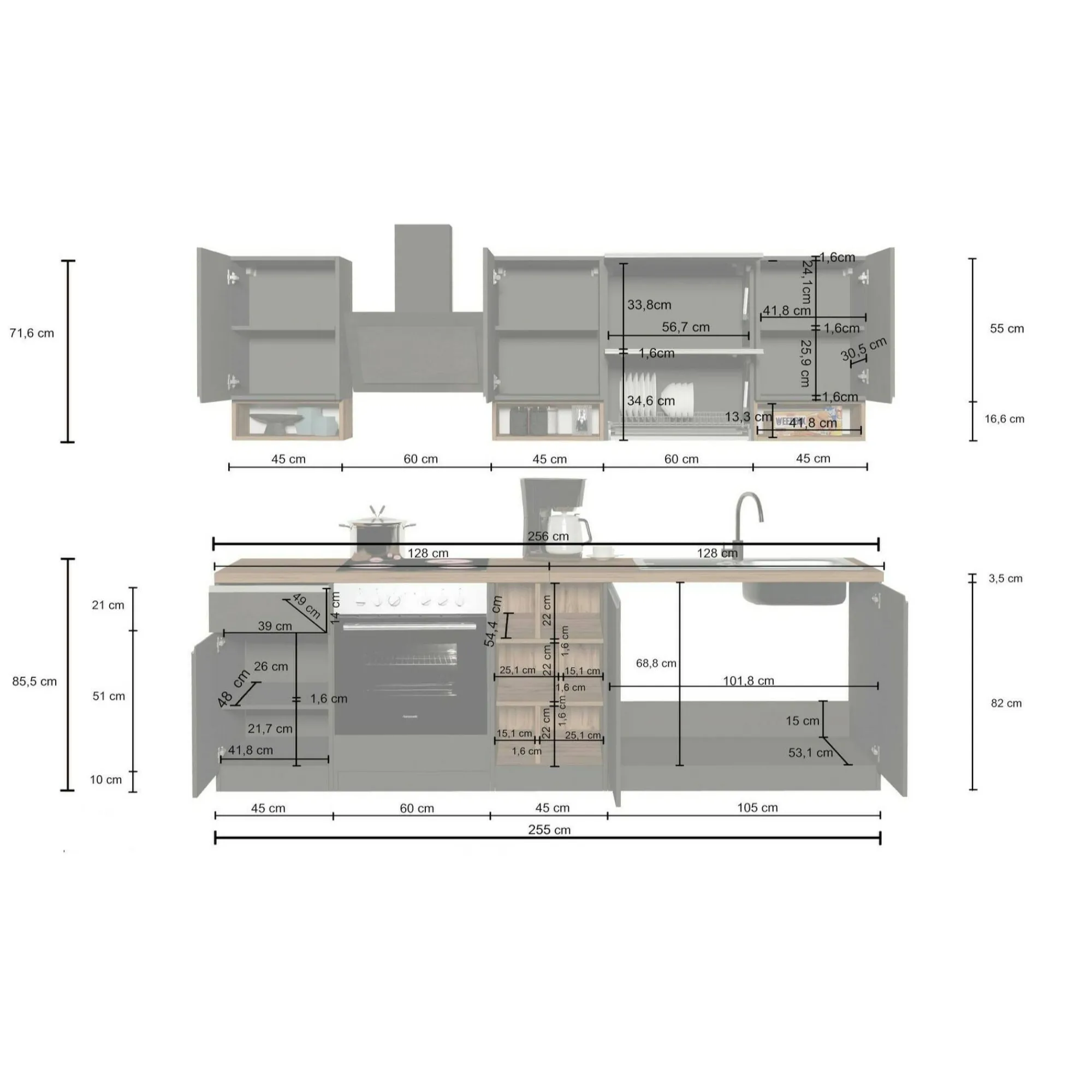 Cucina completa Attiko, 255x60h85 cm, Bianco lucido e Rovere<Dmora Cheap