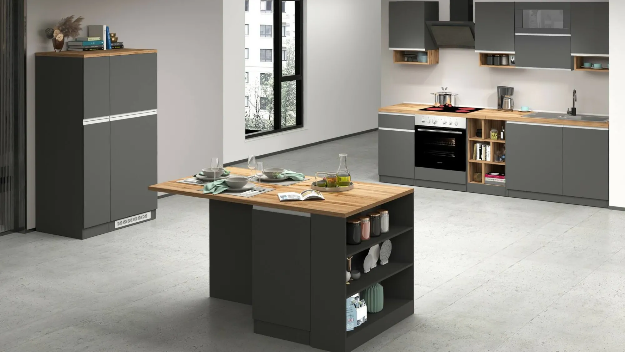 Cucina completa Attiko, 255x60h85 cm, Antracite e Rovere<Dmora Online