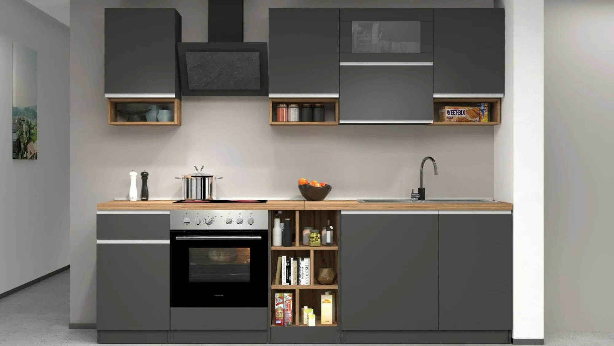 Cucina completa Attiko, 255x60h85 cm, Antracite e Rovere<Dmora Online