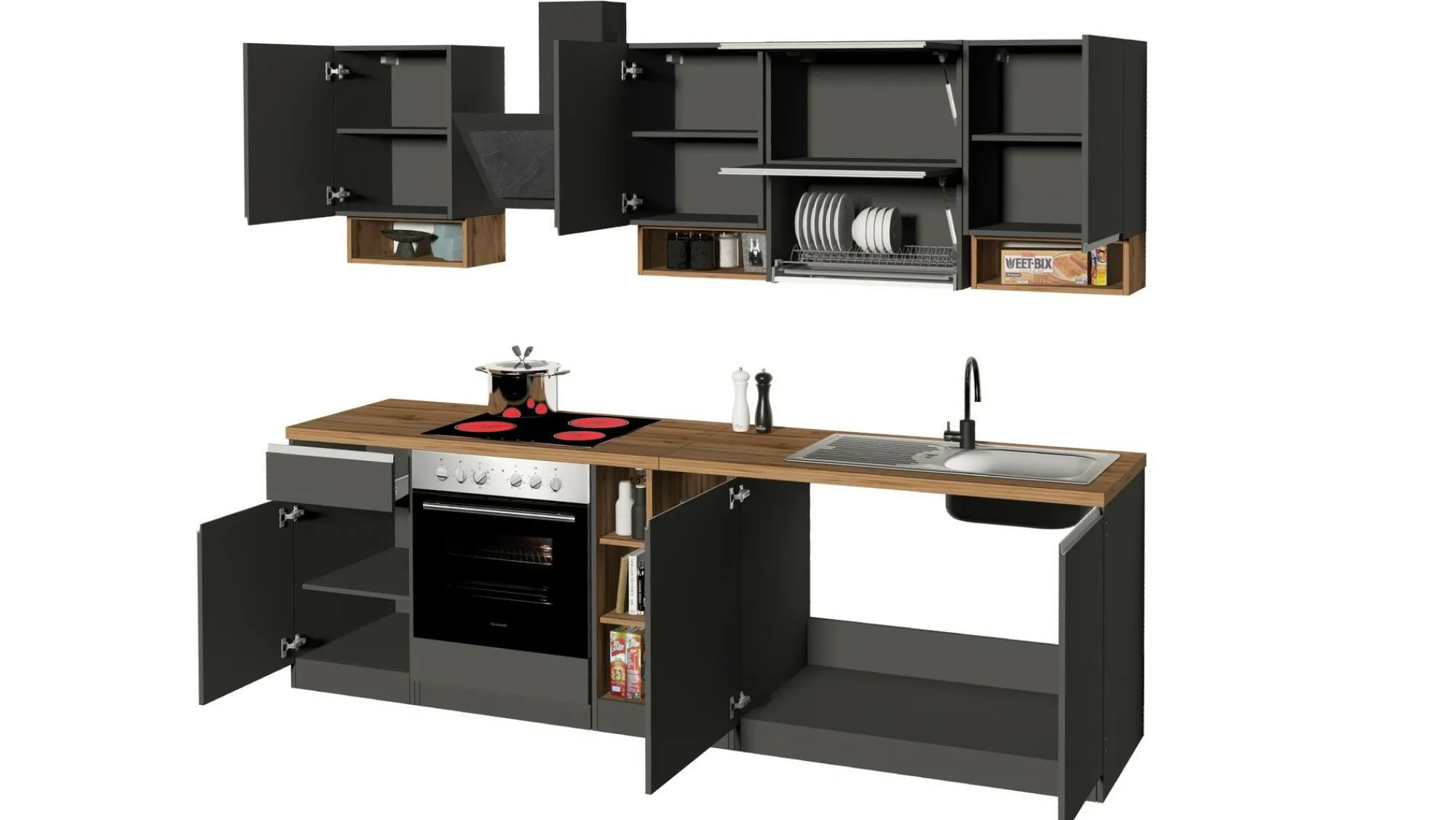 Cucina completa Attiko, 255x60h85 cm, Antracite e Rovere<Dmora Online