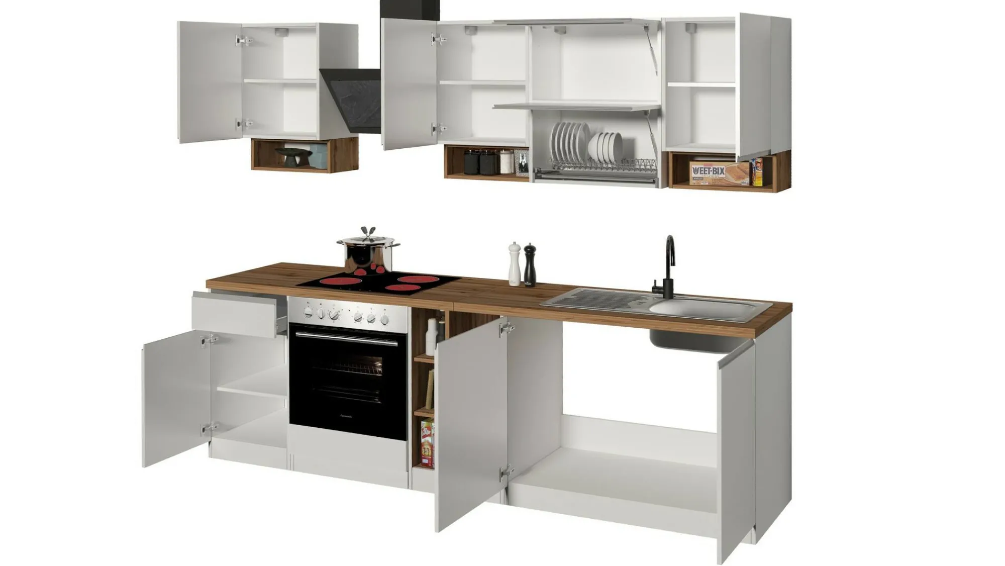 Cucina completa Attiko, 255x60h85 cm, Bianco lucido e Rovere<Dmora Cheap