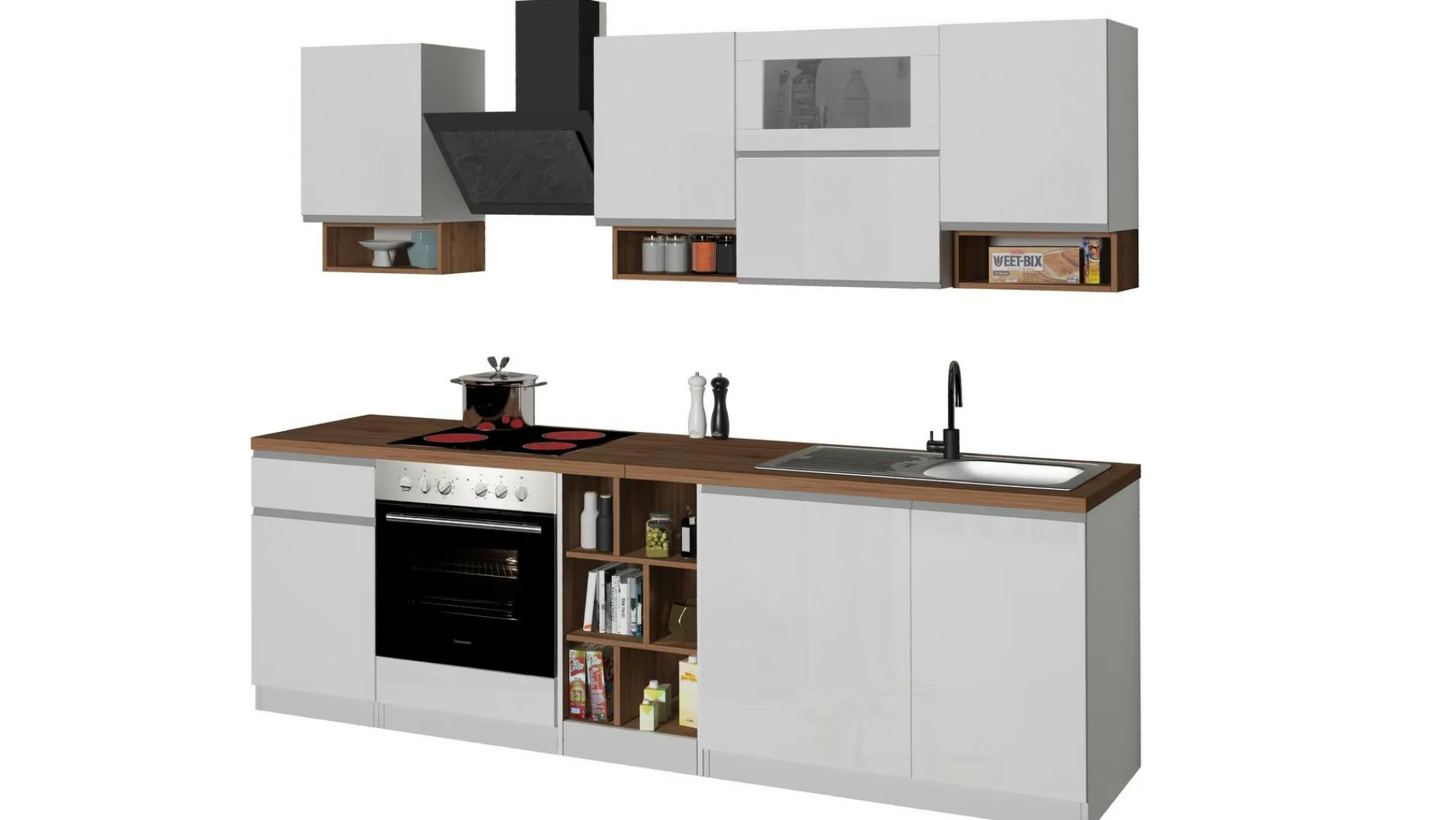 Cucina completa Attiko, 255x60h85 cm, Bianco lucido e Rovere<Dmora Cheap