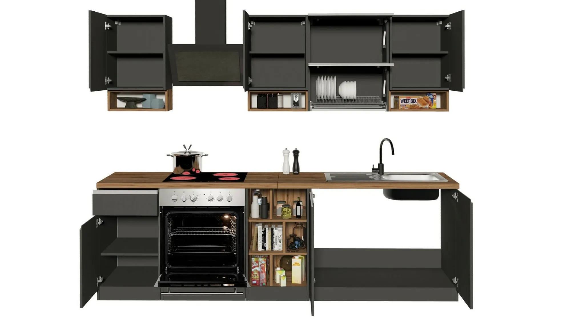 Cucina completa Attiko, 255x60h85 cm, Antracite e Rovere<Dmora Online