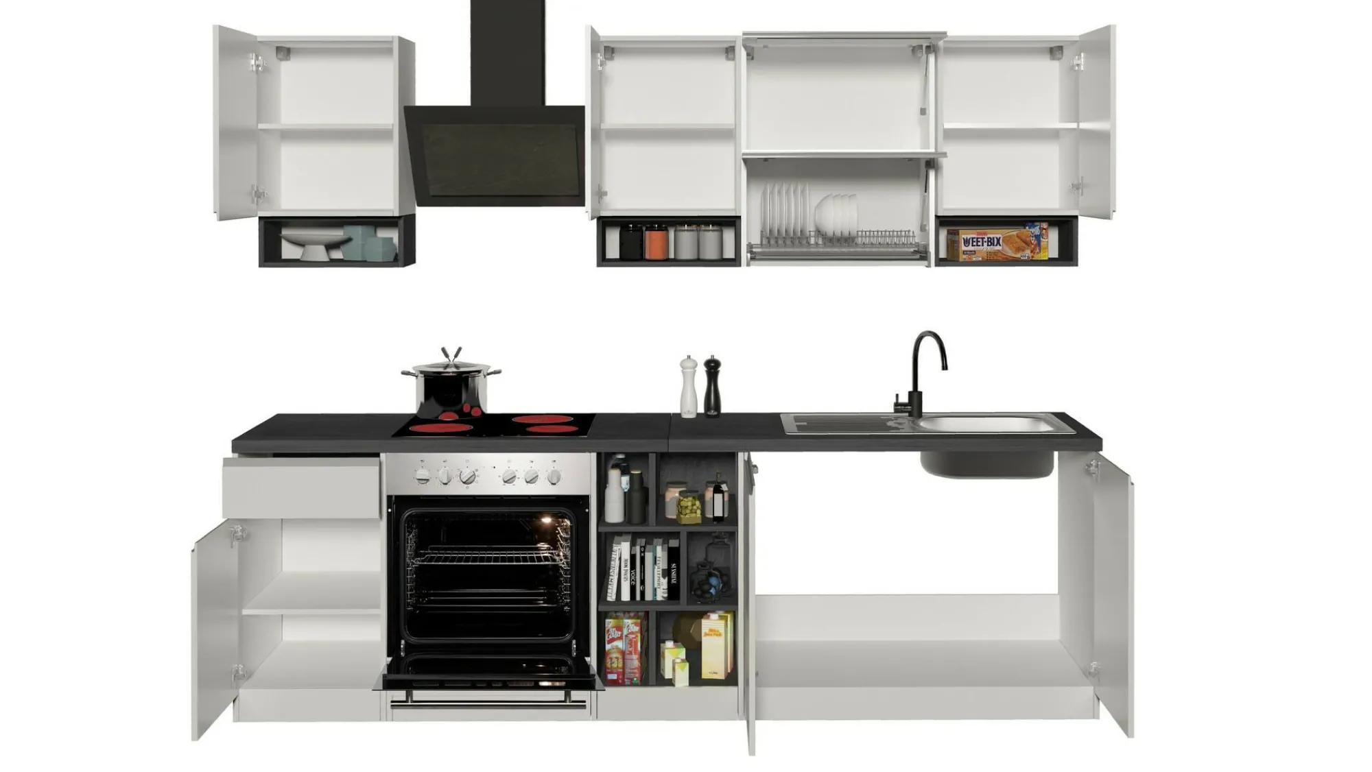 Cucina completa Attiko, 255x60h85 cm, Bianco lucido e Ardesia<Dmora Best Sale
