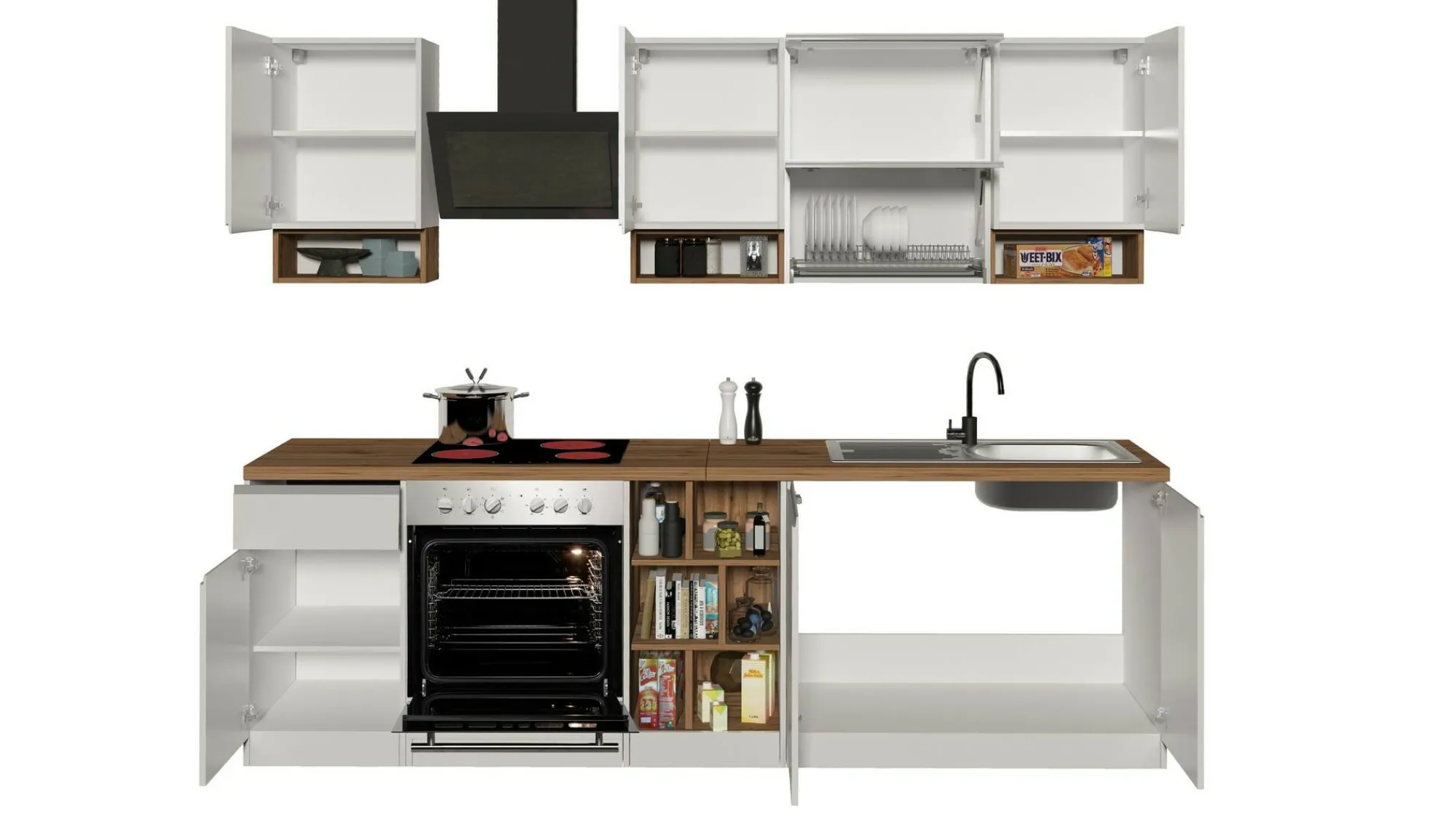 Cucina completa Attiko, 255x60h85 cm, Bianco lucido e Rovere<Dmora Cheap