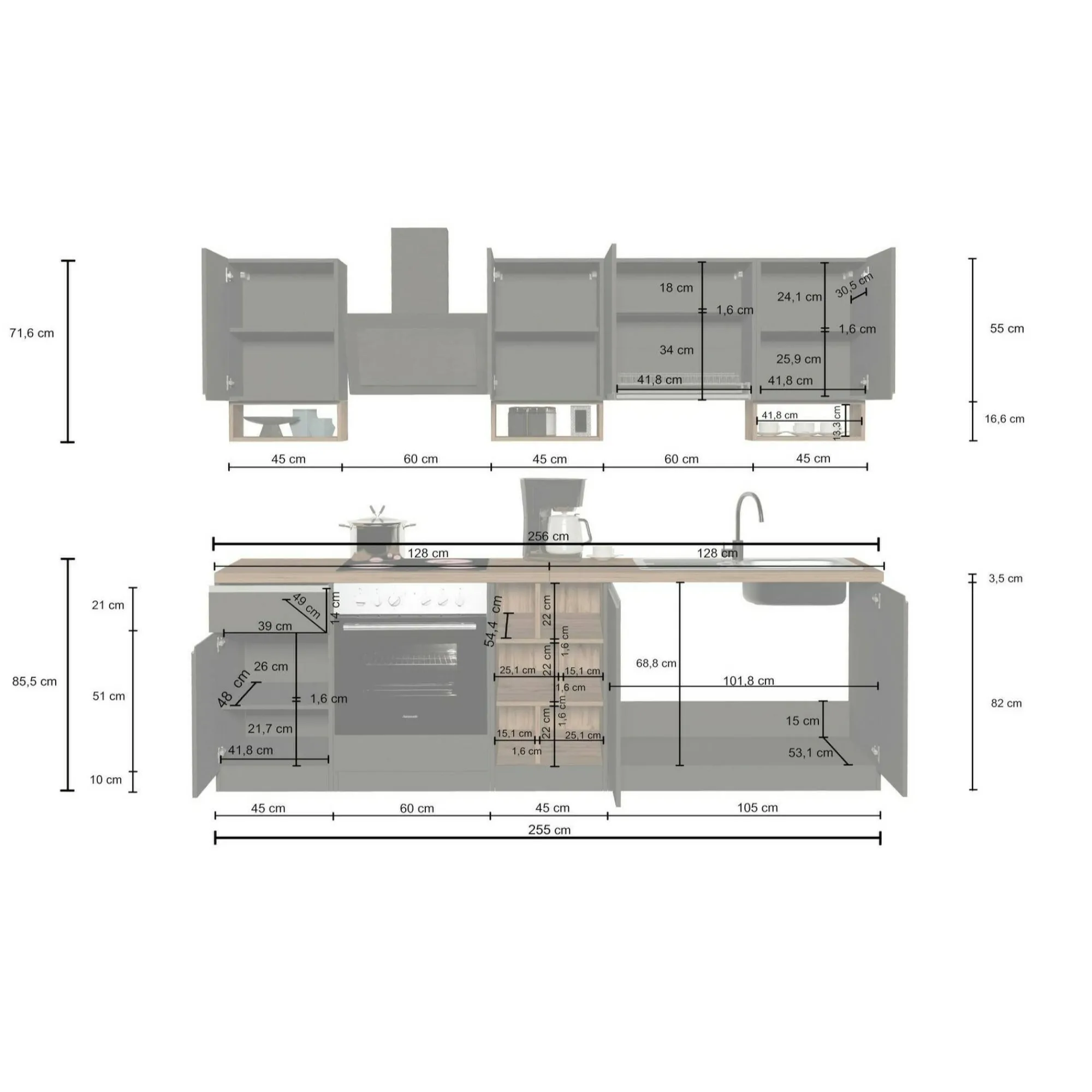 Cucina completa Attimis, 255x60h85 cm, Antracite e Ardesia<Dmora Sale