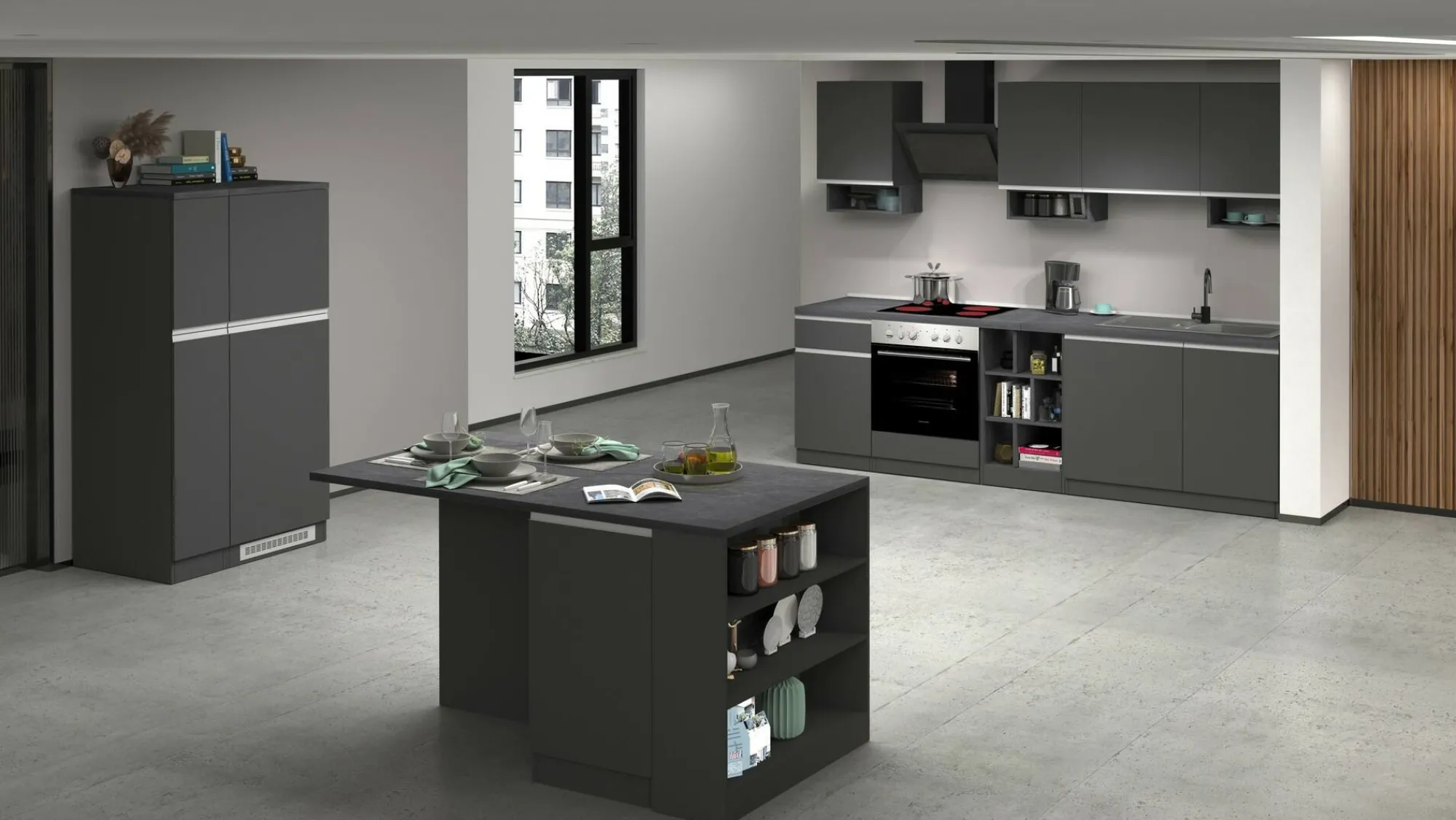 Cucina completa Attimis, 255x60h85 cm, Antracite e Ardesia<Dmora Sale