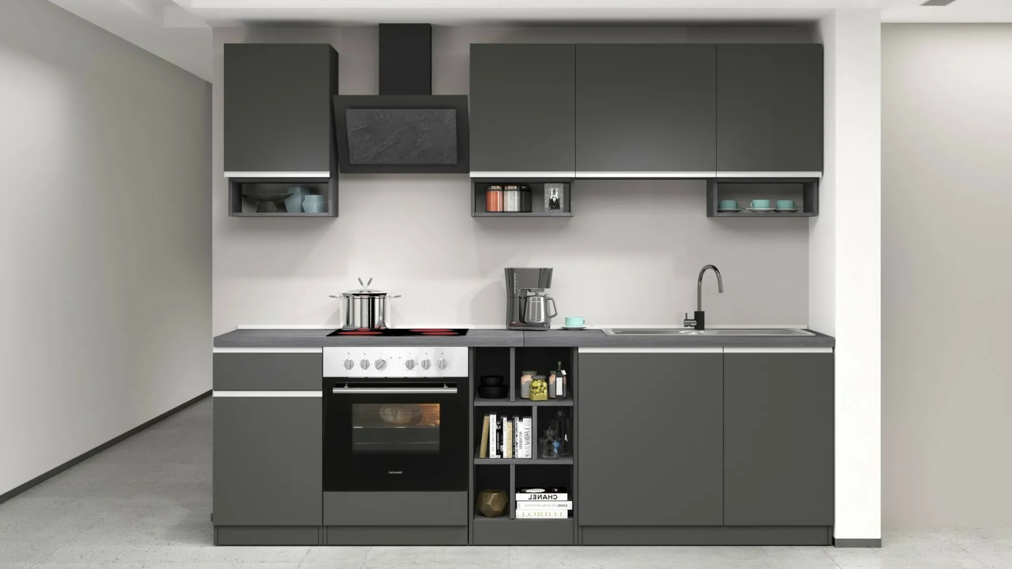 Cucina completa Attimis, 255x60h85 cm, Antracite e Ardesia<Dmora Sale